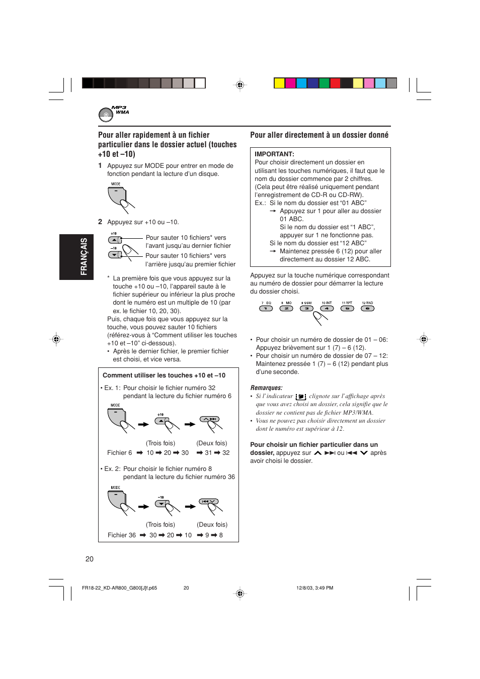 Français, Pour aller directement à un dossier donné | JVC KD-AR800J User Manual | Page 108 / 135