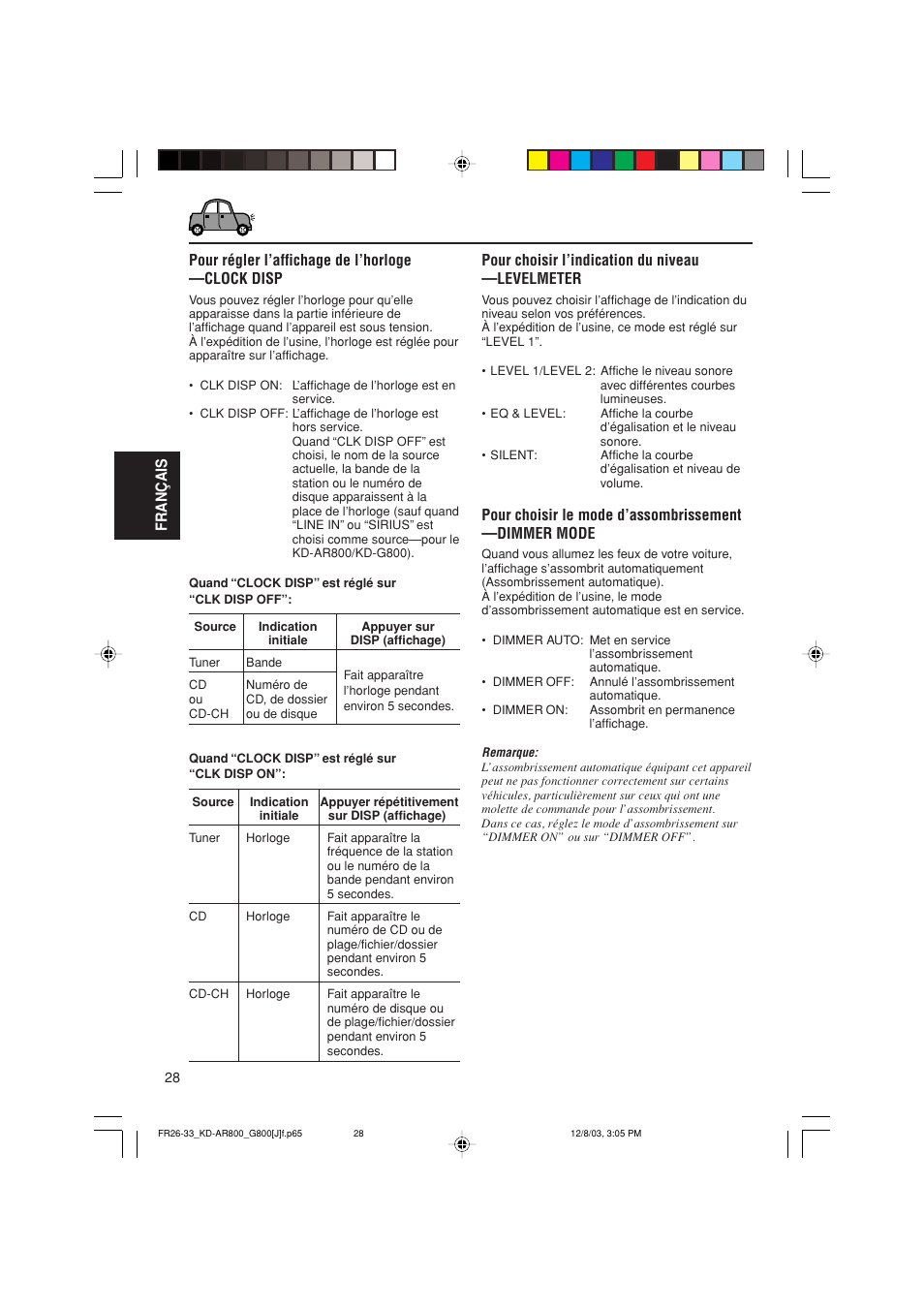 Pour régler l’affichage de l’horloge —clock disp | JVC KD-AR800J User Manual | Page 116 / 135