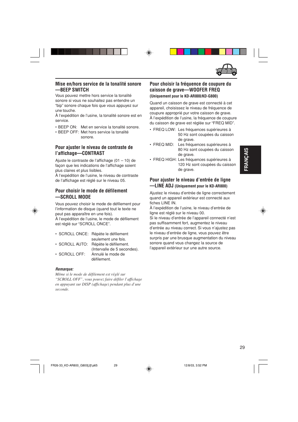 Pour choisir le mode de défilement —scroll mode, Pour ajuster le niveau d’entrée de ligne —line adj | JVC KD-AR800J User Manual | Page 117 / 135