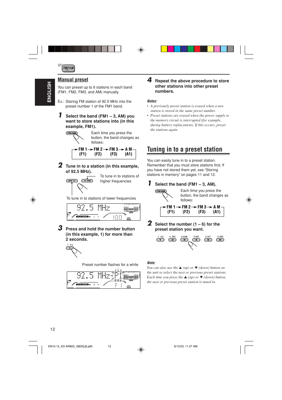 Tuning in to a preset station | JVC KD-AR800J User Manual | Page 12 / 135