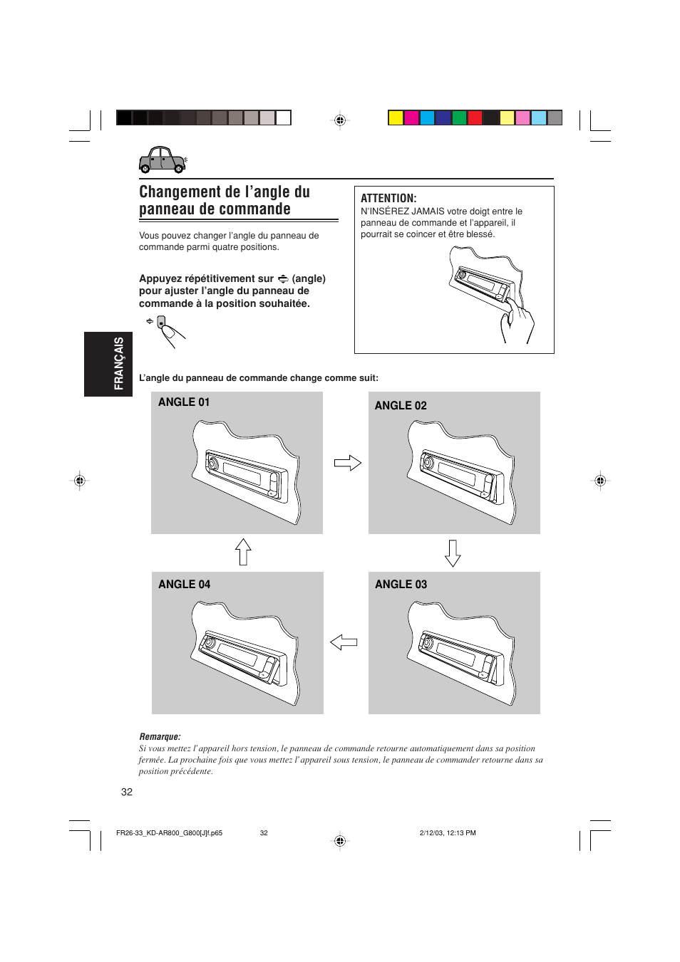 Changement de l’angle du panneau de commande | JVC KD-AR800J User Manual | Page 120 / 135