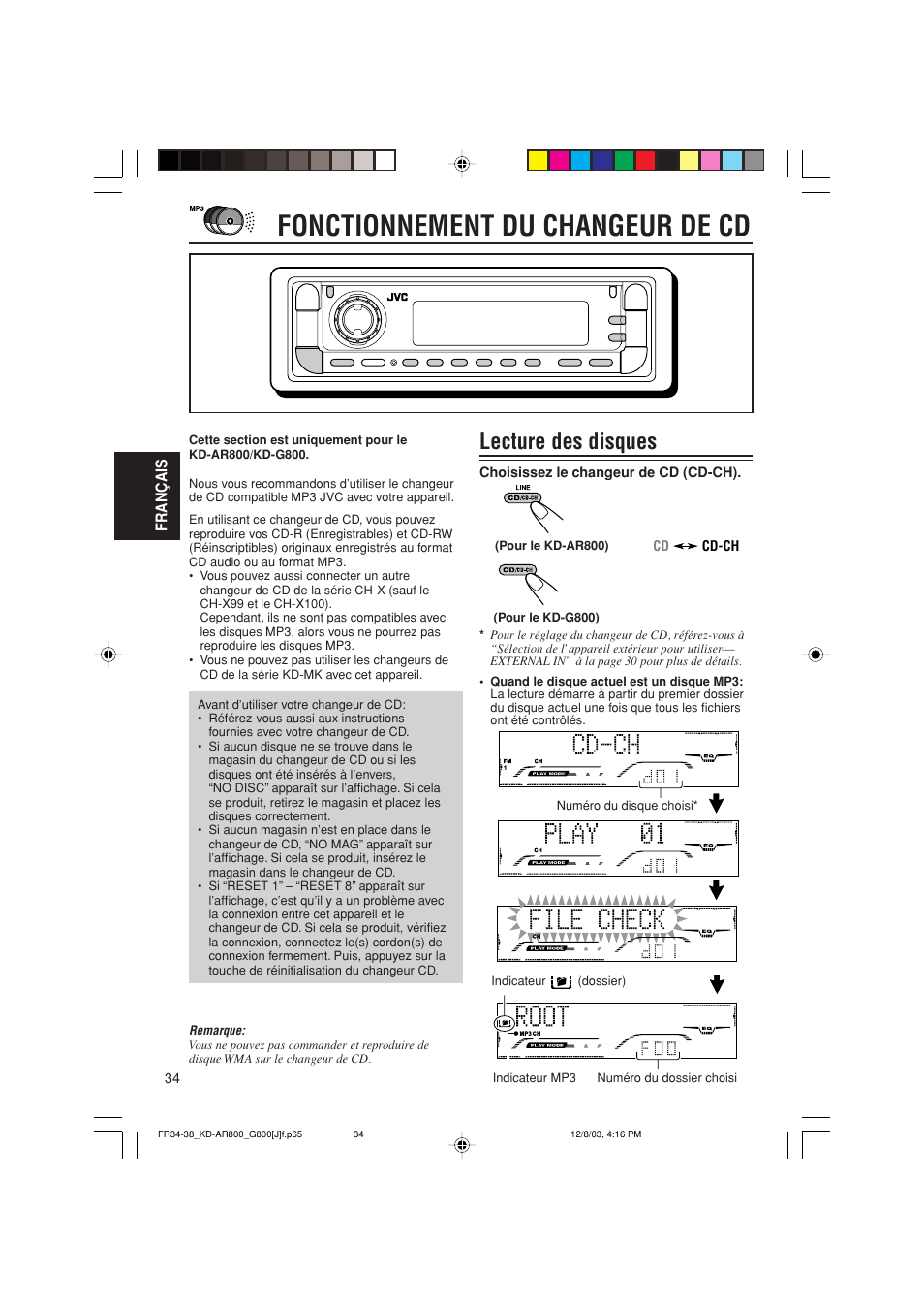Fonctionnement du changeur de cd, Lecture des disques | JVC KD-AR800J User Manual | Page 122 / 135