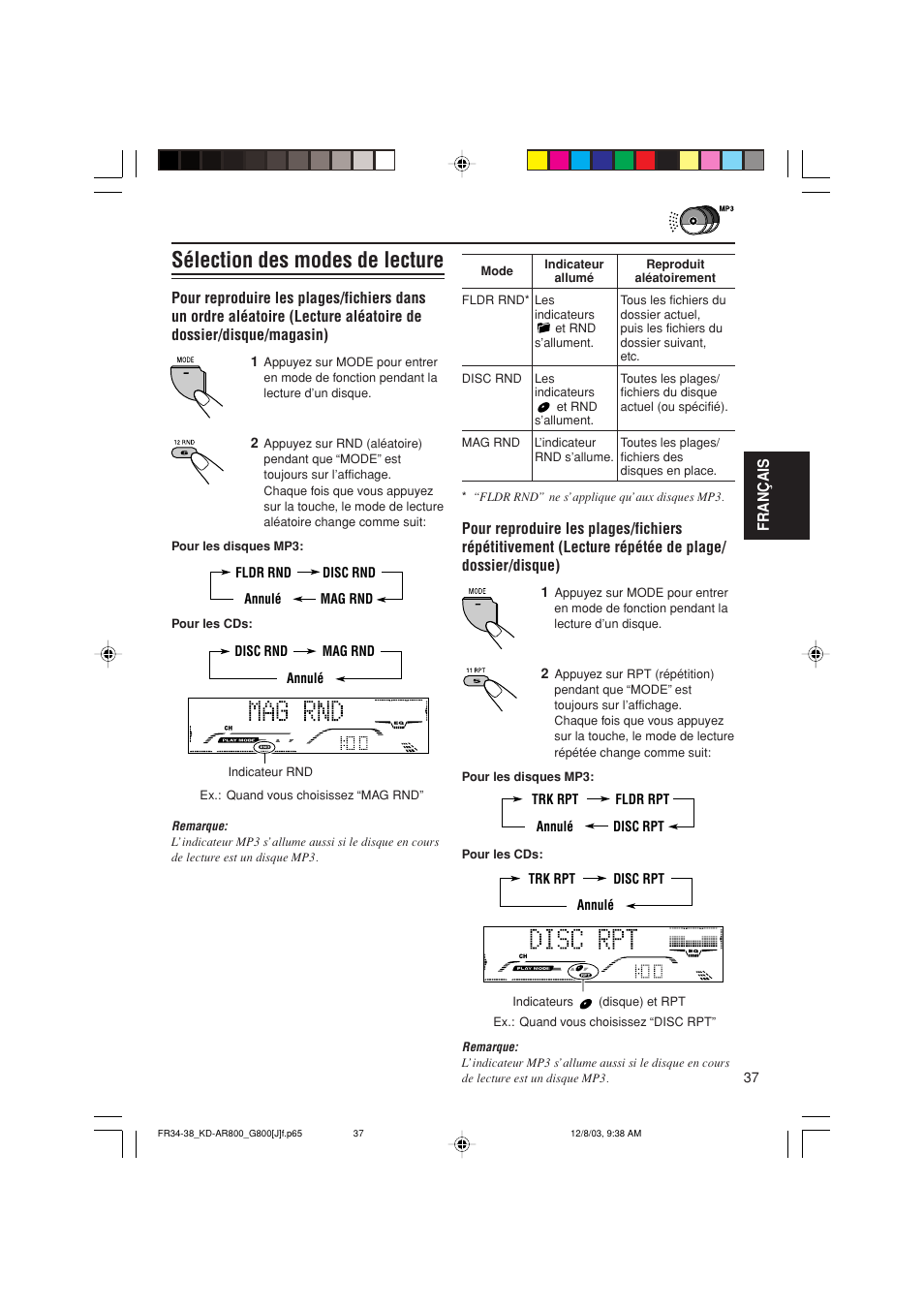 Sélection des modes de lecture | JVC KD-AR800J User Manual | Page 125 / 135