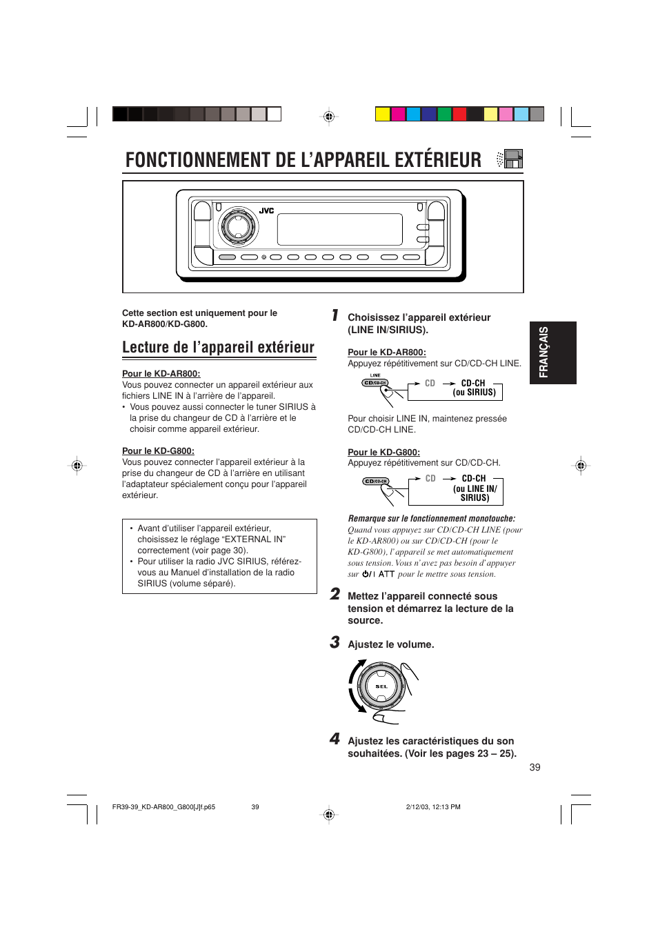 Fonctionnement de l’appareil extérieur, Lecture de l’appareil extérieur | JVC KD-AR800J User Manual | Page 127 / 135