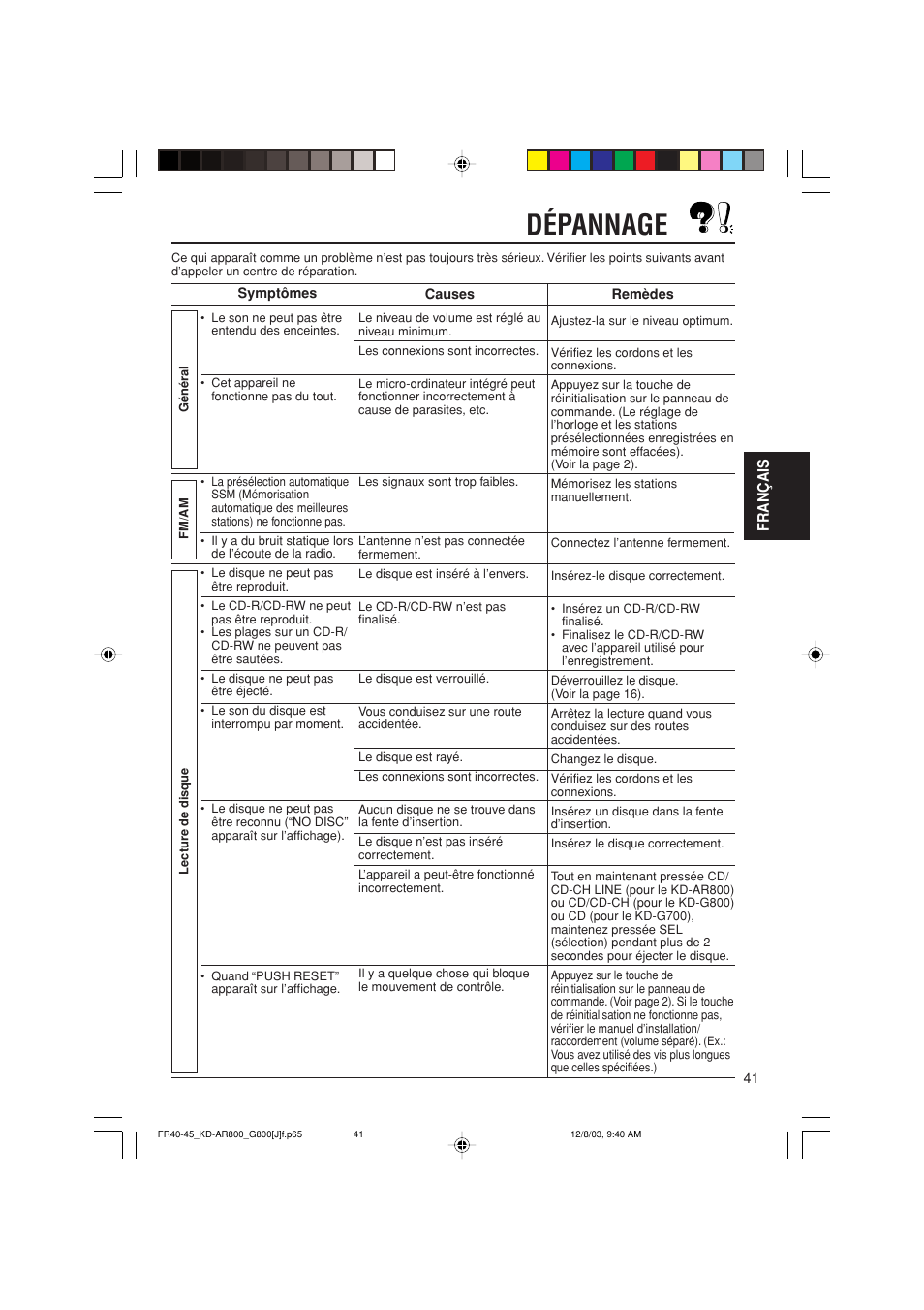 Dépannage, Français | JVC KD-AR800J User Manual | Page 129 / 135