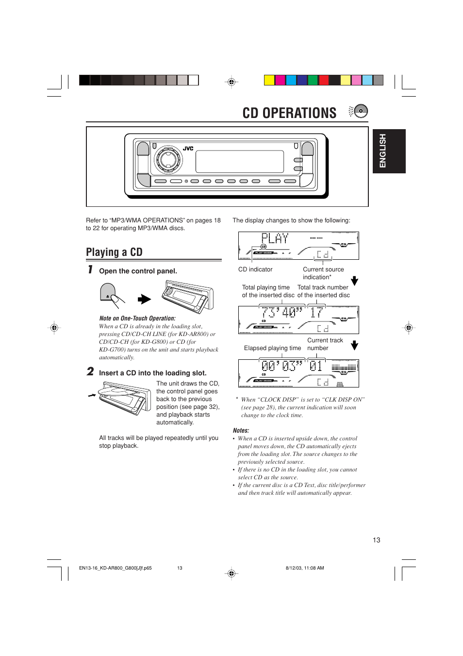 Cd operations, Playing a cd 1 | JVC KD-AR800J User Manual | Page 13 / 135