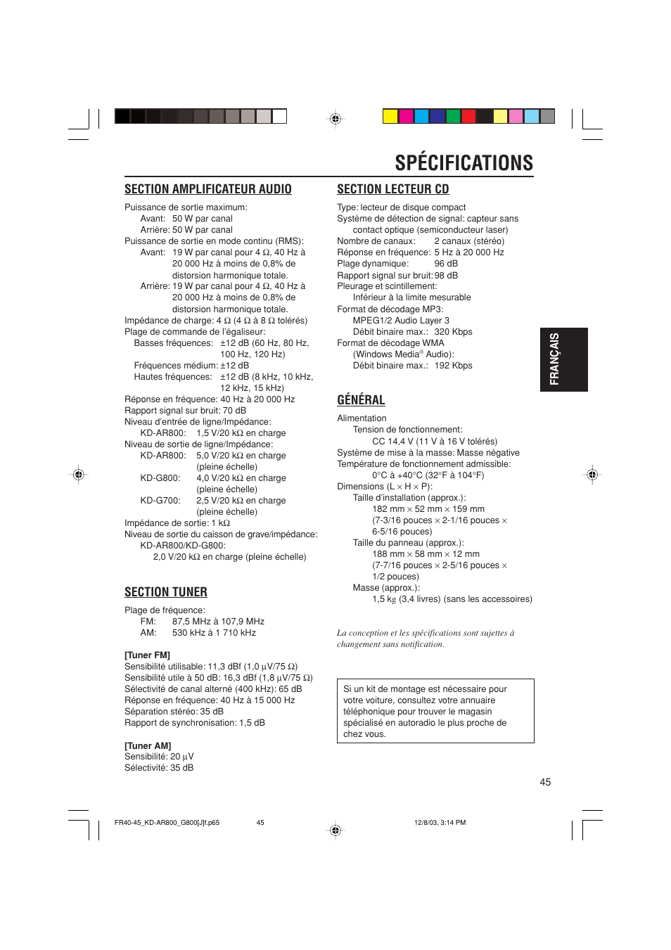 Spécifications, Général, Français | JVC KD-AR800J User Manual | Page 133 / 135