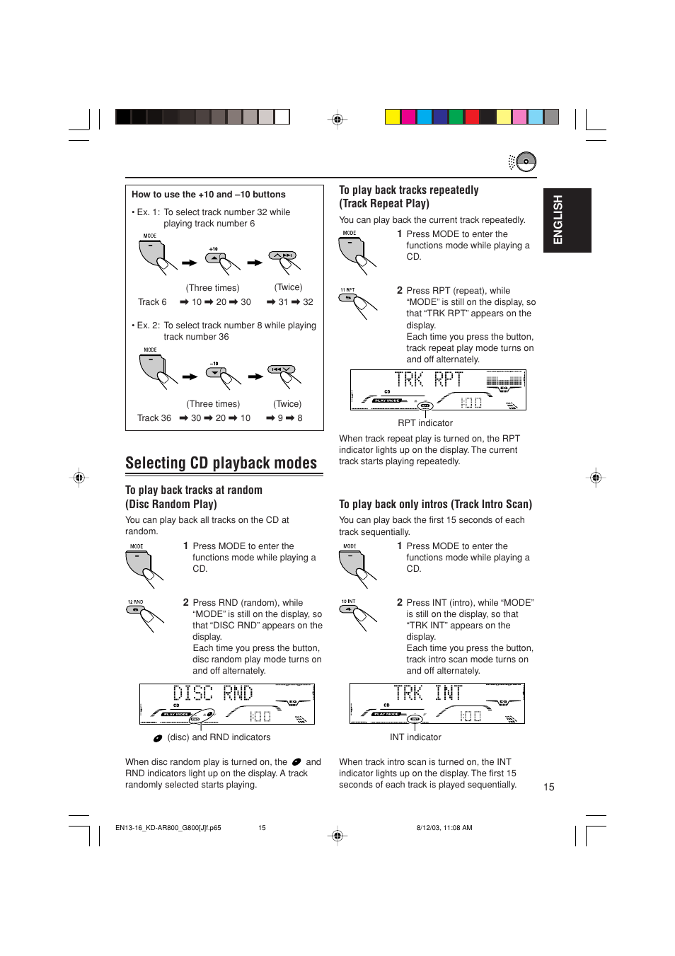 Selecting cd playback modes, English | JVC KD-AR800J User Manual | Page 15 / 135