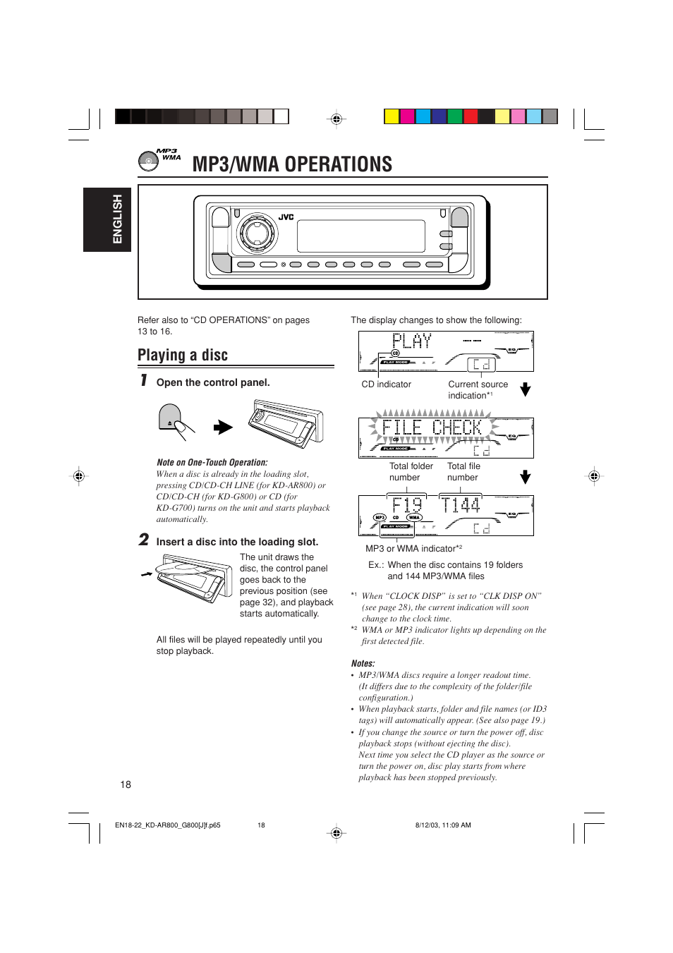 Mp3/wma operations, Playing a disc 1 | JVC KD-AR800J User Manual | Page 18 / 135
