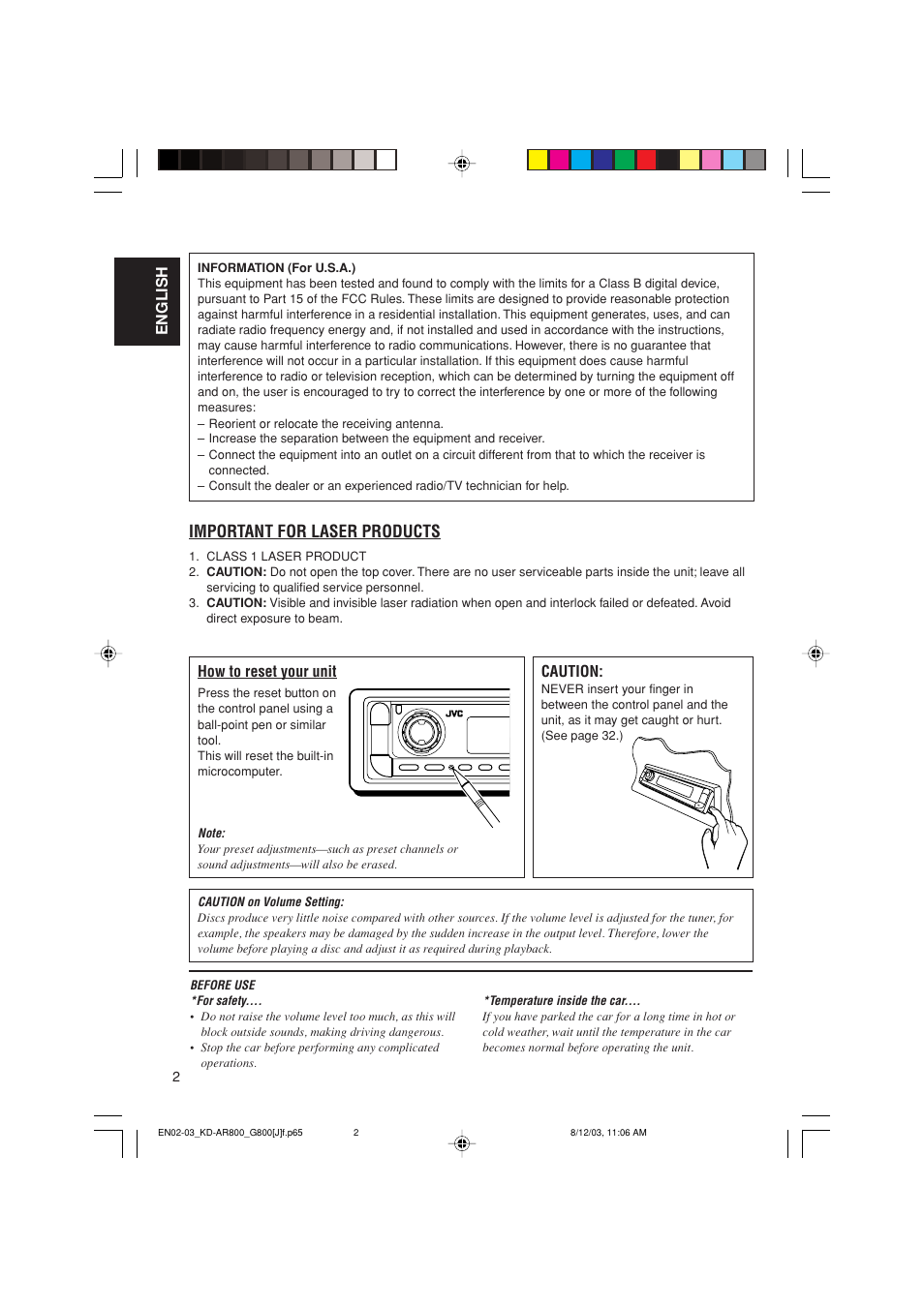 Important for laser products, English how to reset your unit, Caution | JVC KD-AR800J User Manual | Page 2 / 135