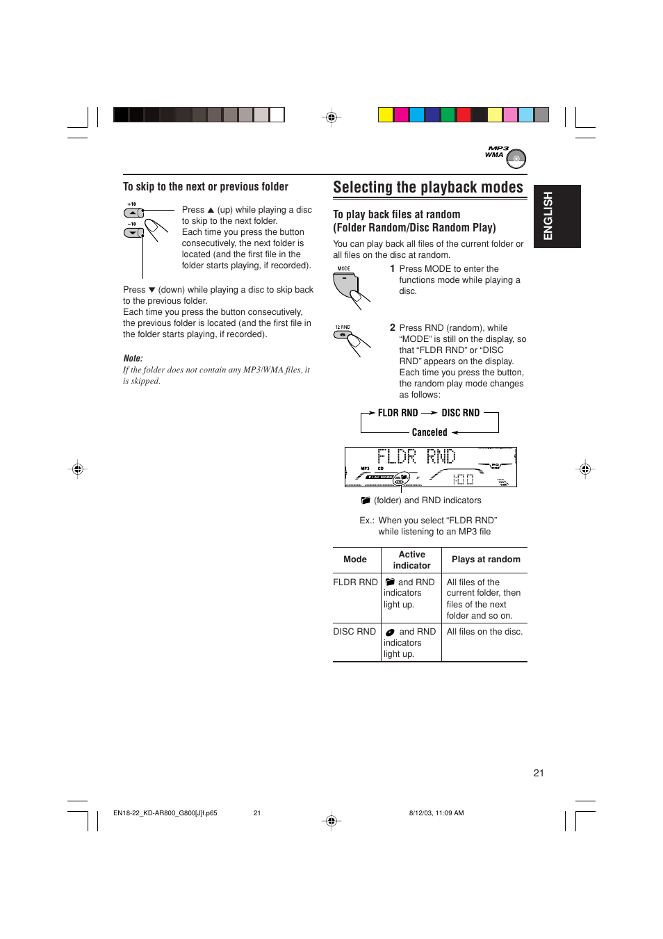 Selecting the playback modes | JVC KD-AR800J User Manual | Page 21 / 135