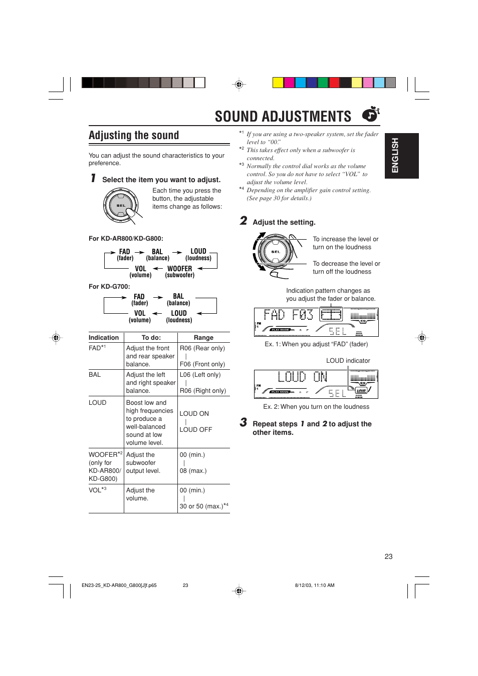 Sound adjustments, Adjusting the sound | JVC KD-AR800J User Manual | Page 23 / 135
