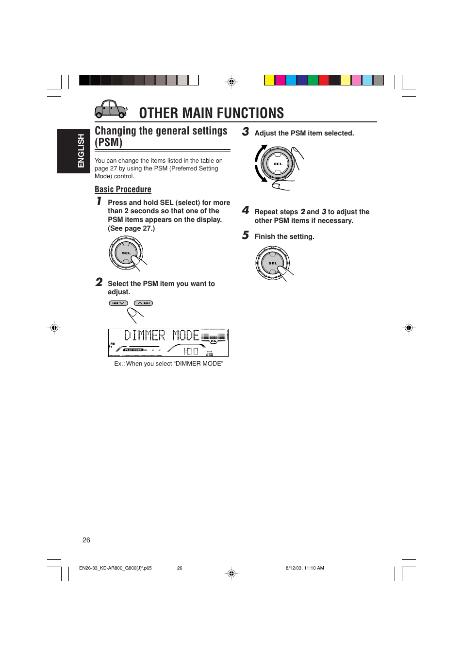 Other main functions, Changing the general settings (psm) | JVC KD-AR800J User Manual | Page 26 / 135