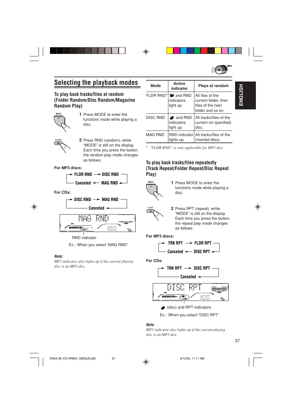 Selecting the playback modes | JVC KD-AR800J User Manual | Page 37 / 135