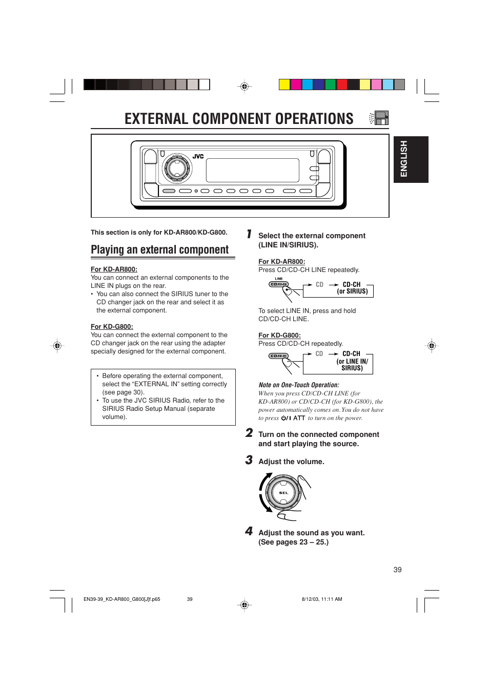 External component operations, Playing an external component | JVC KD-AR800J User Manual | Page 39 / 135
