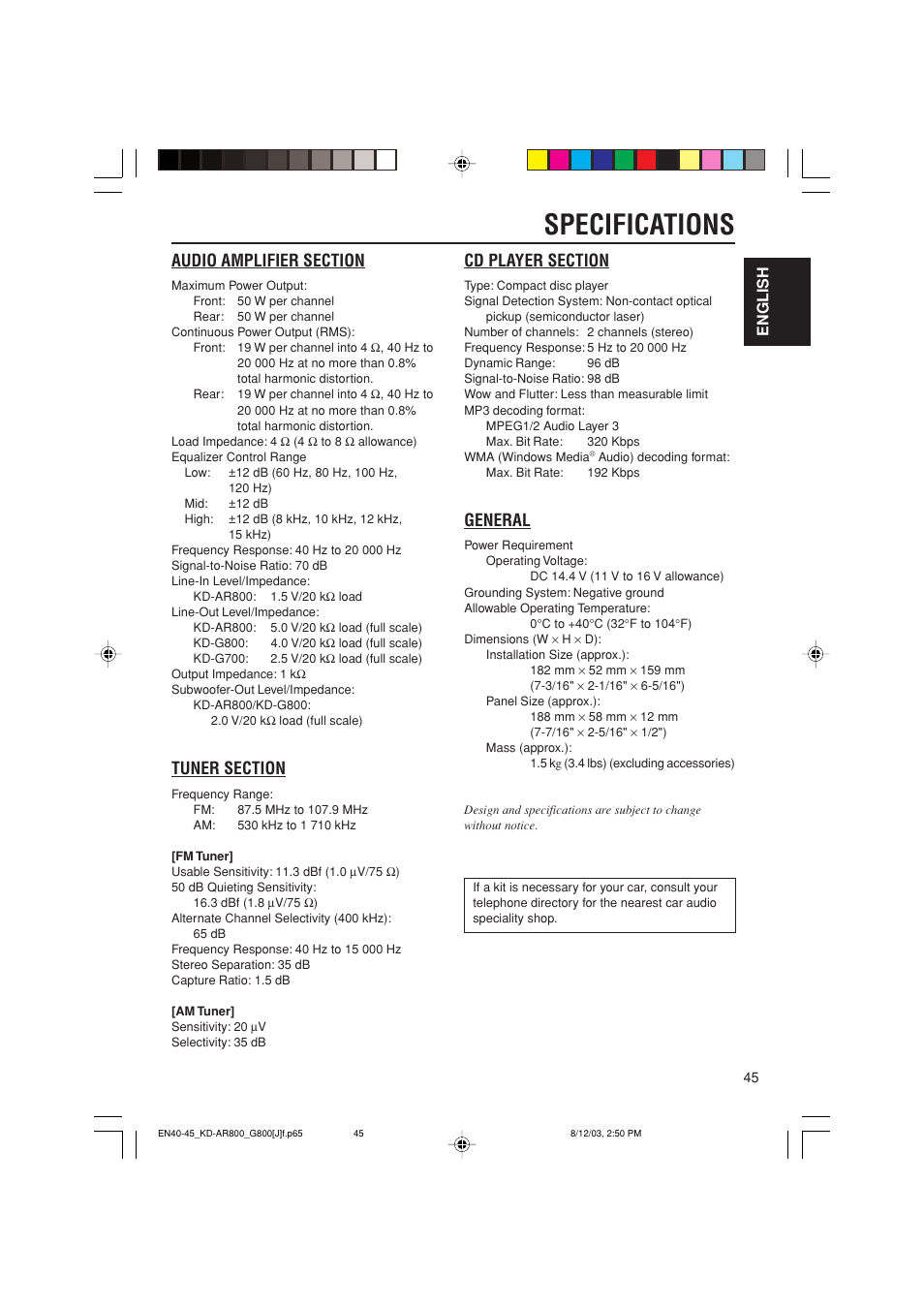 Specifications, General, English | JVC KD-AR800J User Manual | Page 45 / 135