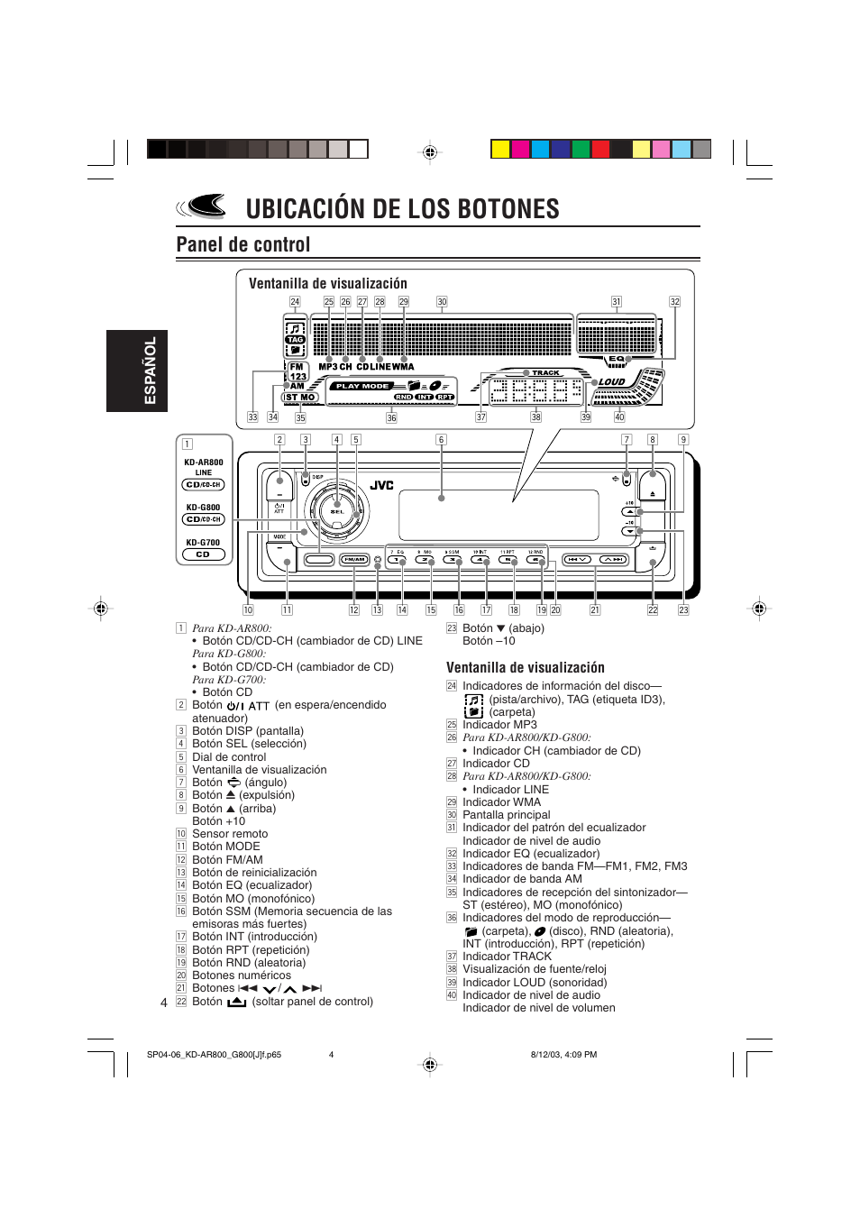 Ubicación de los botones, Panel de control, Esp añol | Ventanilla de visualización | JVC KD-AR800J User Manual | Page 48 / 135