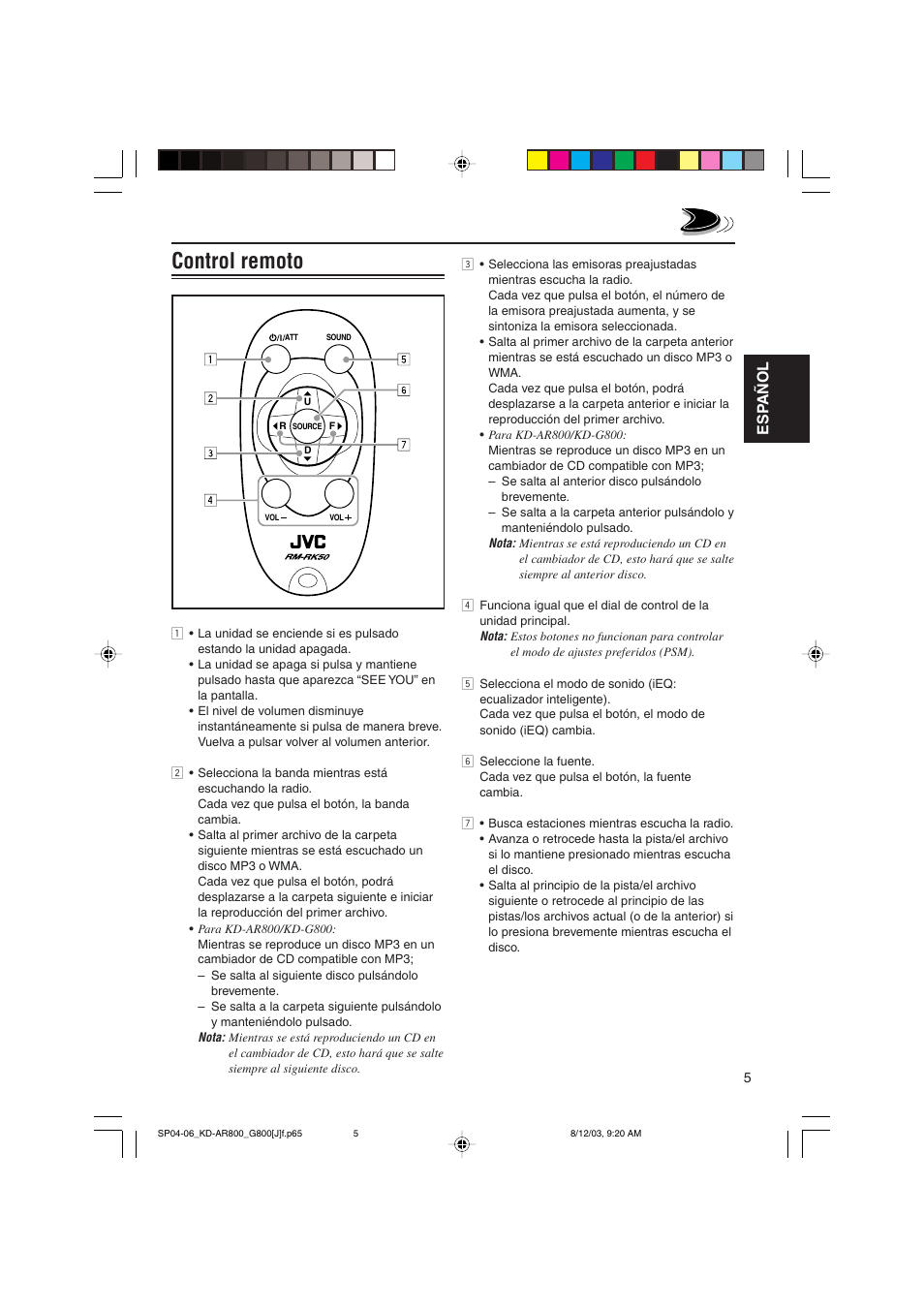 Control remoto, Esp añol | JVC KD-AR800J User Manual | Page 49 / 135