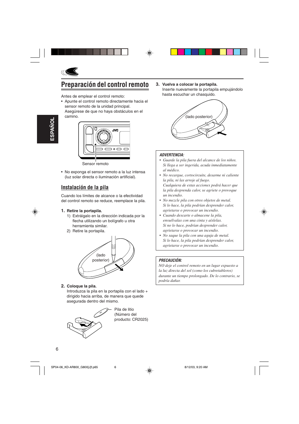 Preparación del control remoto, Instalación de la pila | JVC KD-AR800J User Manual | Page 50 / 135