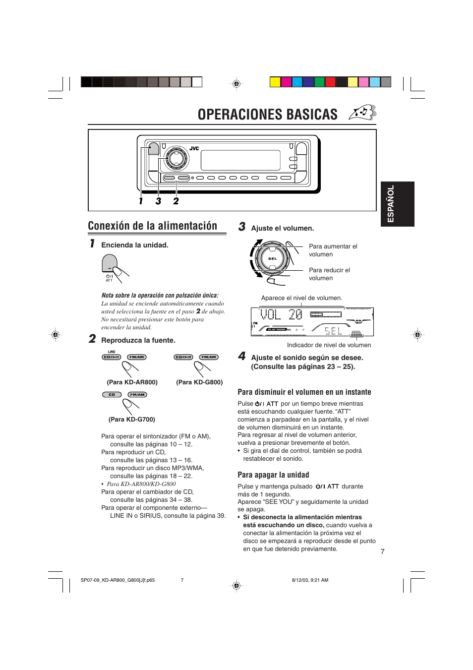 Operaciones basicas, Conexión de la alimentación 1 | JVC KD-AR800J User Manual | Page 51 / 135