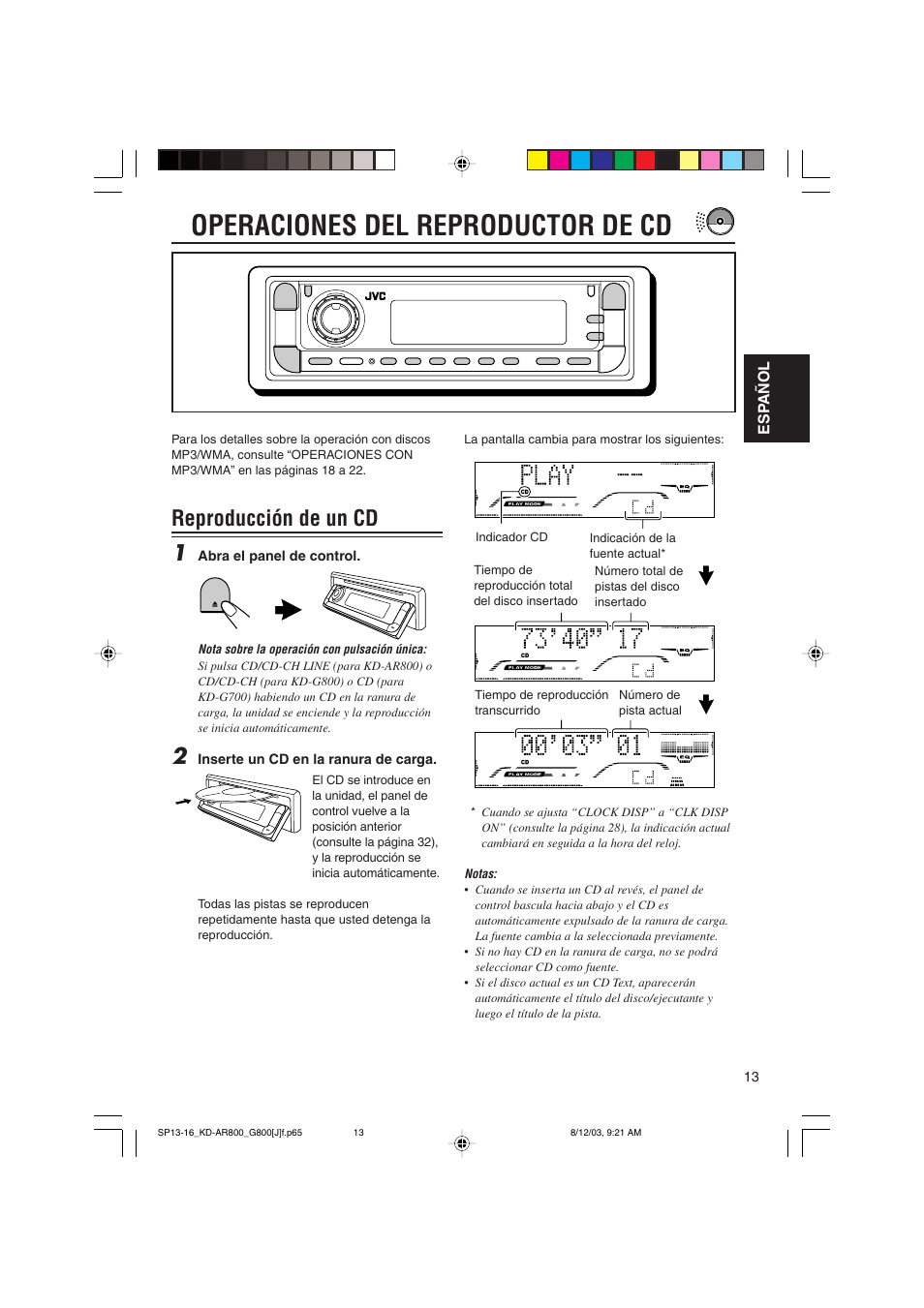 Operaciones del reproductor de cd, Reproducción de un cd 1 | JVC KD-AR800J User Manual | Page 57 / 135
