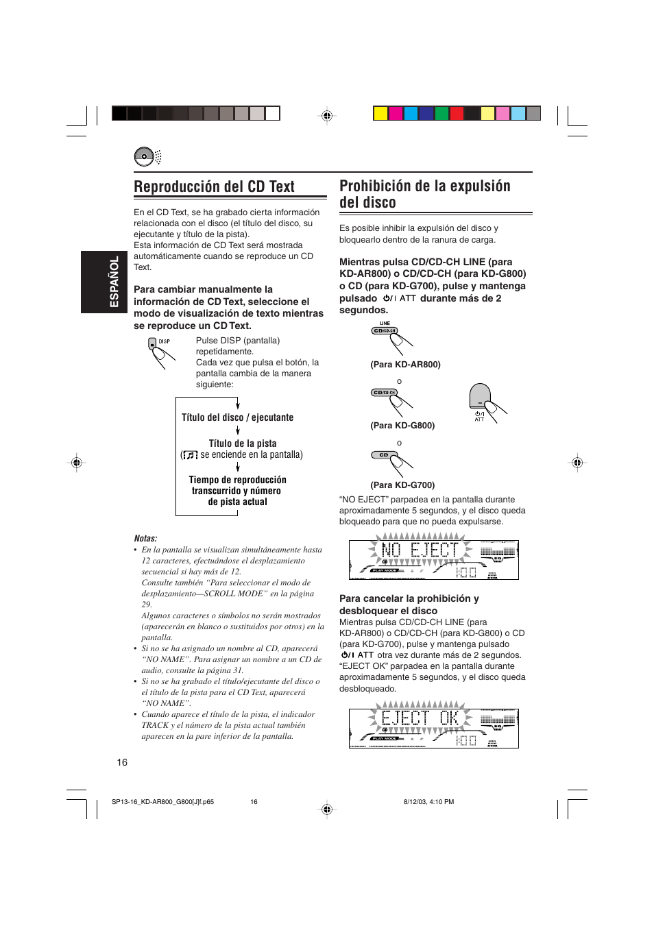 Prohibición de la expulsión del disco, Reproducción del cd text | JVC KD-AR800J User Manual | Page 60 / 135