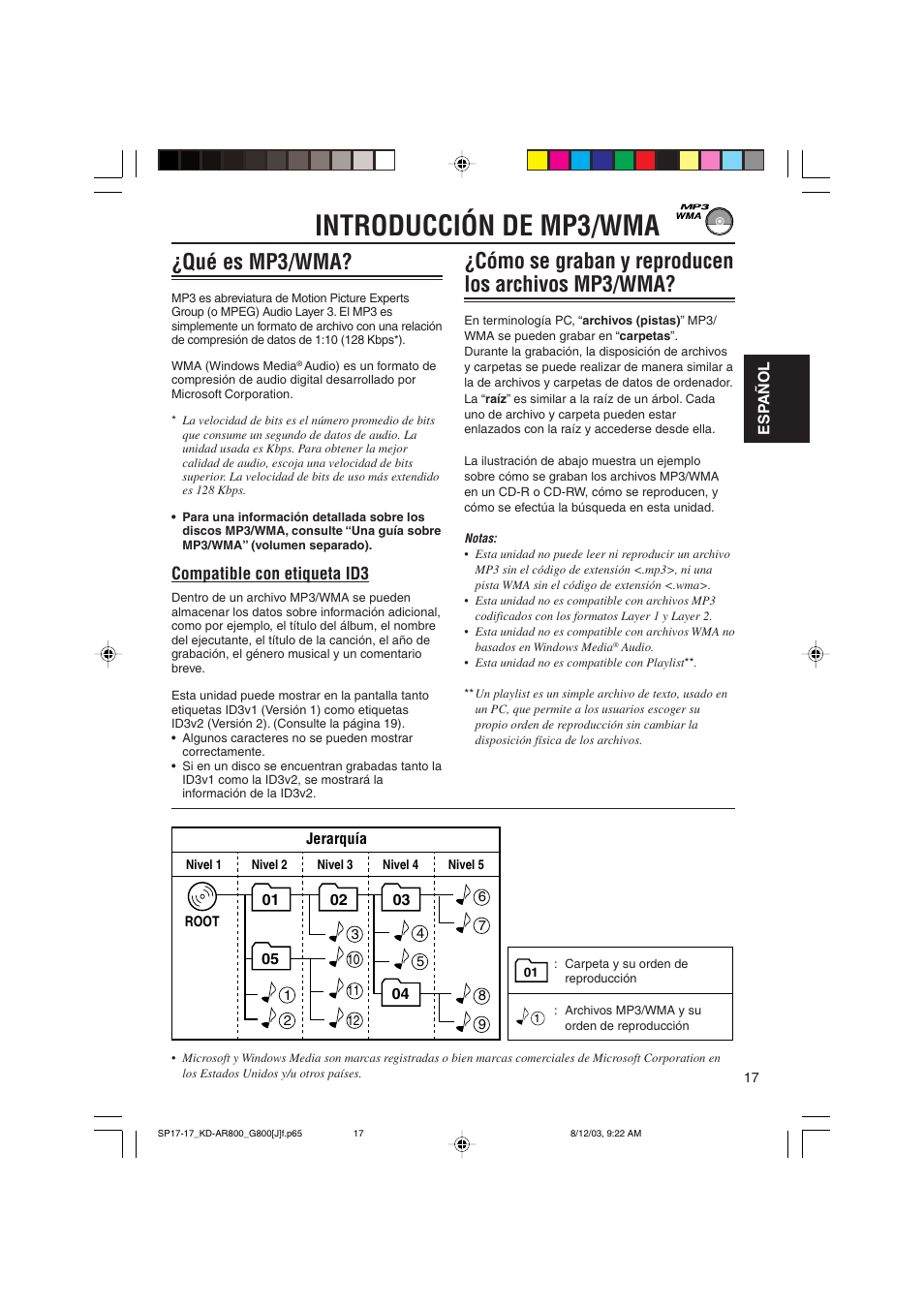 Introducción de mp3/wma, Qué es mp3/wma, Cómo se graban y reproducen los archivos mp3/wma | Compatible con etiqueta id3 | JVC KD-AR800J User Manual | Page 61 / 135