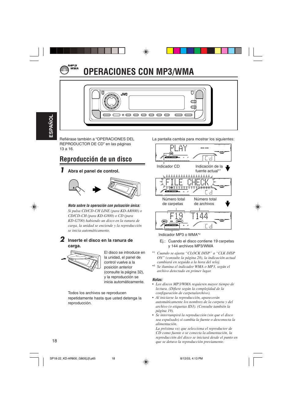Operaciones con mp3/wma, Reproducción de un disco 1 | JVC KD-AR800J User Manual | Page 62 / 135