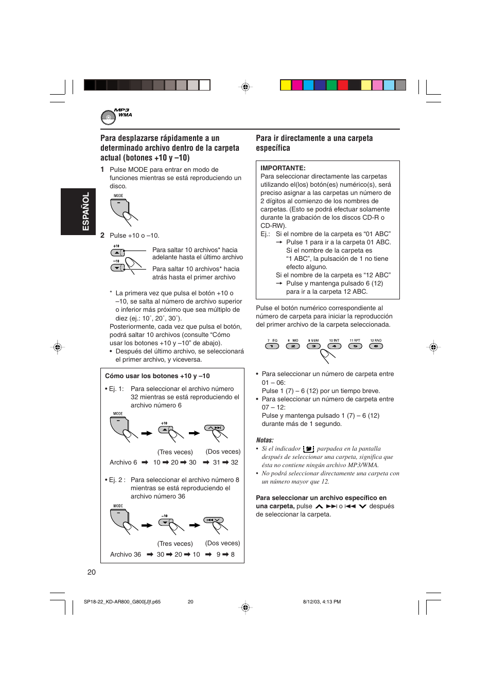 Esp añol, Para ir directamente a una carpeta específica | JVC KD-AR800J User Manual | Page 64 / 135