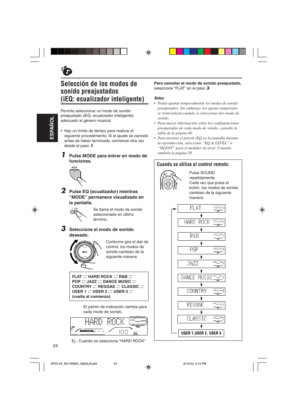 Esp añol, Cuando se utiliza el control remoto | JVC KD-AR800J User Manual | Page 68 / 135