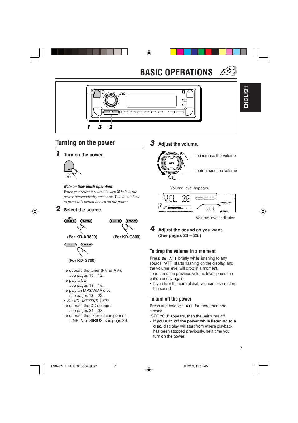 Basic operations, Turning on the power 1 | JVC KD-AR800J User Manual | Page 7 / 135