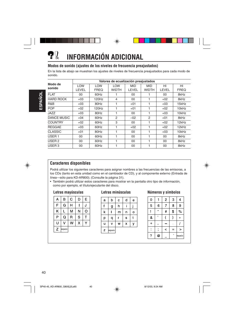 Información adicional, Caracteres disponibles | JVC KD-AR800J User Manual | Page 84 / 135