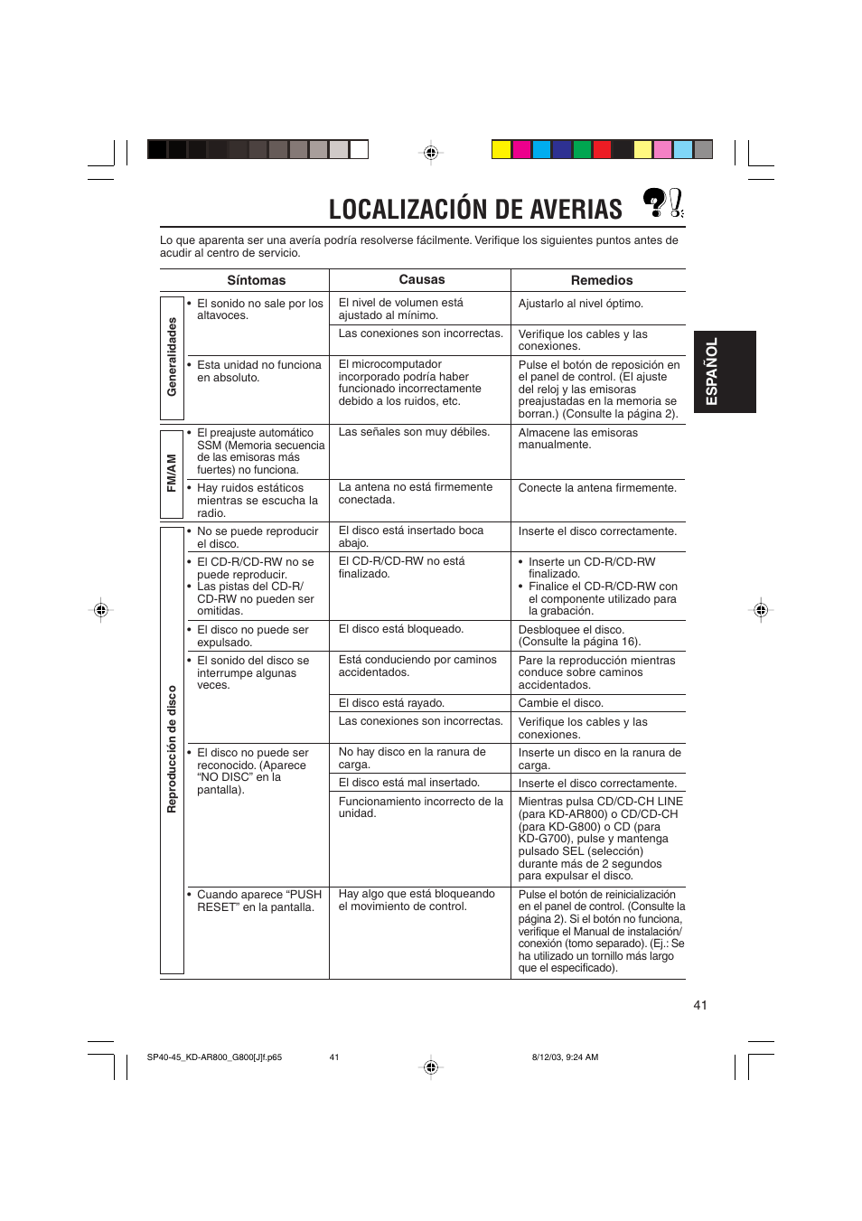 Localización de averias, Esp añol | JVC KD-AR800J User Manual | Page 85 / 135