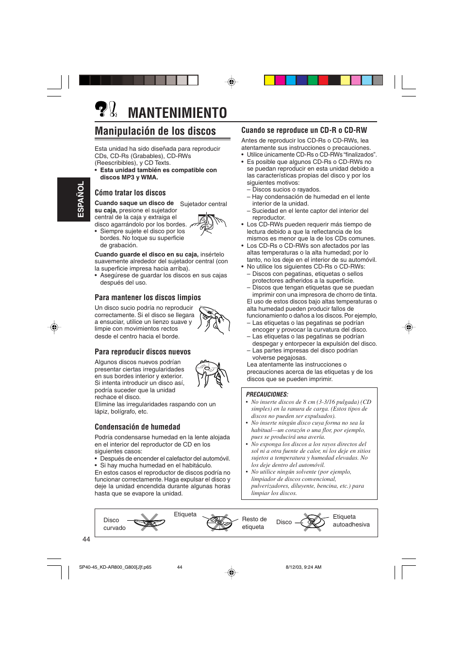 Mantenimiento, Manipulación de los discos | JVC KD-AR800J User Manual | Page 88 / 135