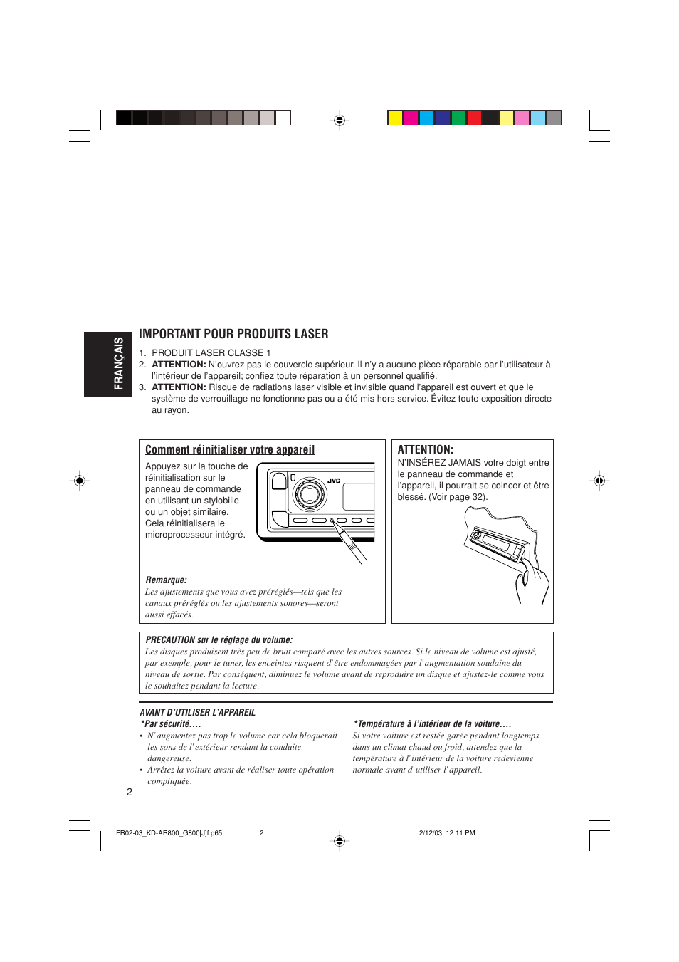 Important pour produits laser | JVC KD-AR800J User Manual | Page 90 / 135