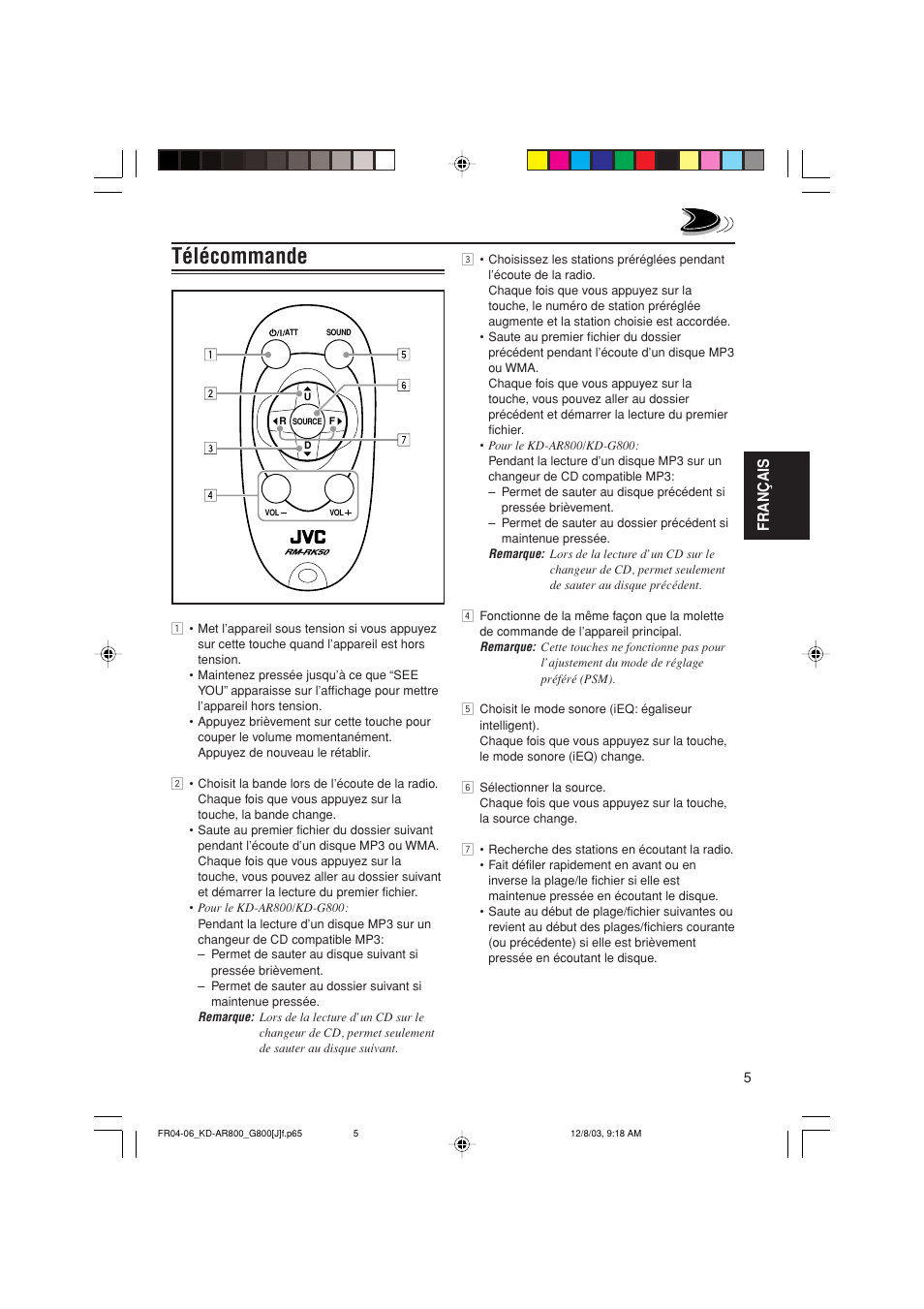 Télécommande, Français | JVC KD-AR800J User Manual | Page 93 / 135