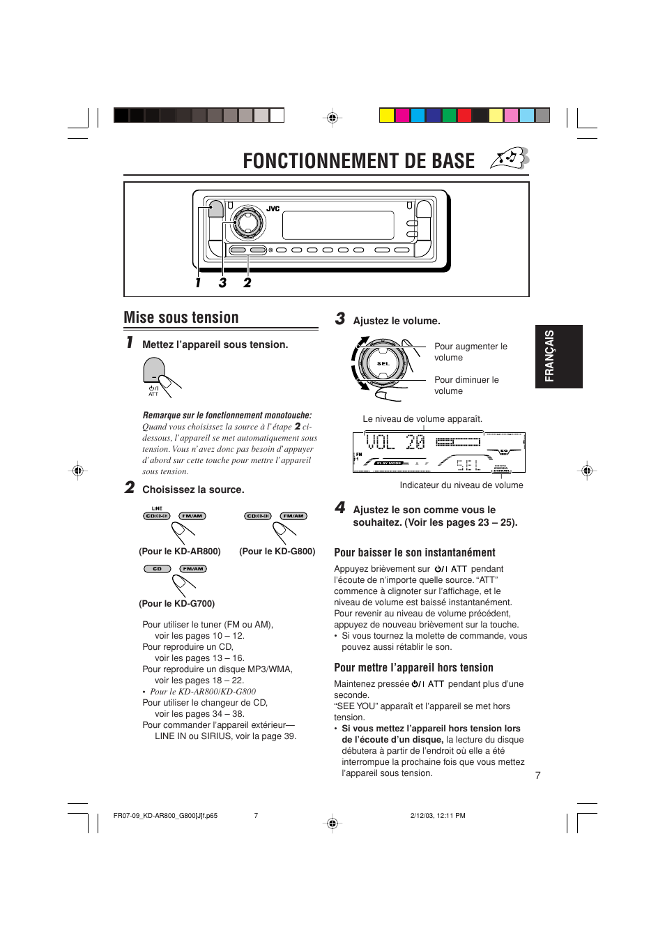 Fonctionnement de base, Mise sous tension 1 | JVC KD-AR800J User Manual | Page 95 / 135