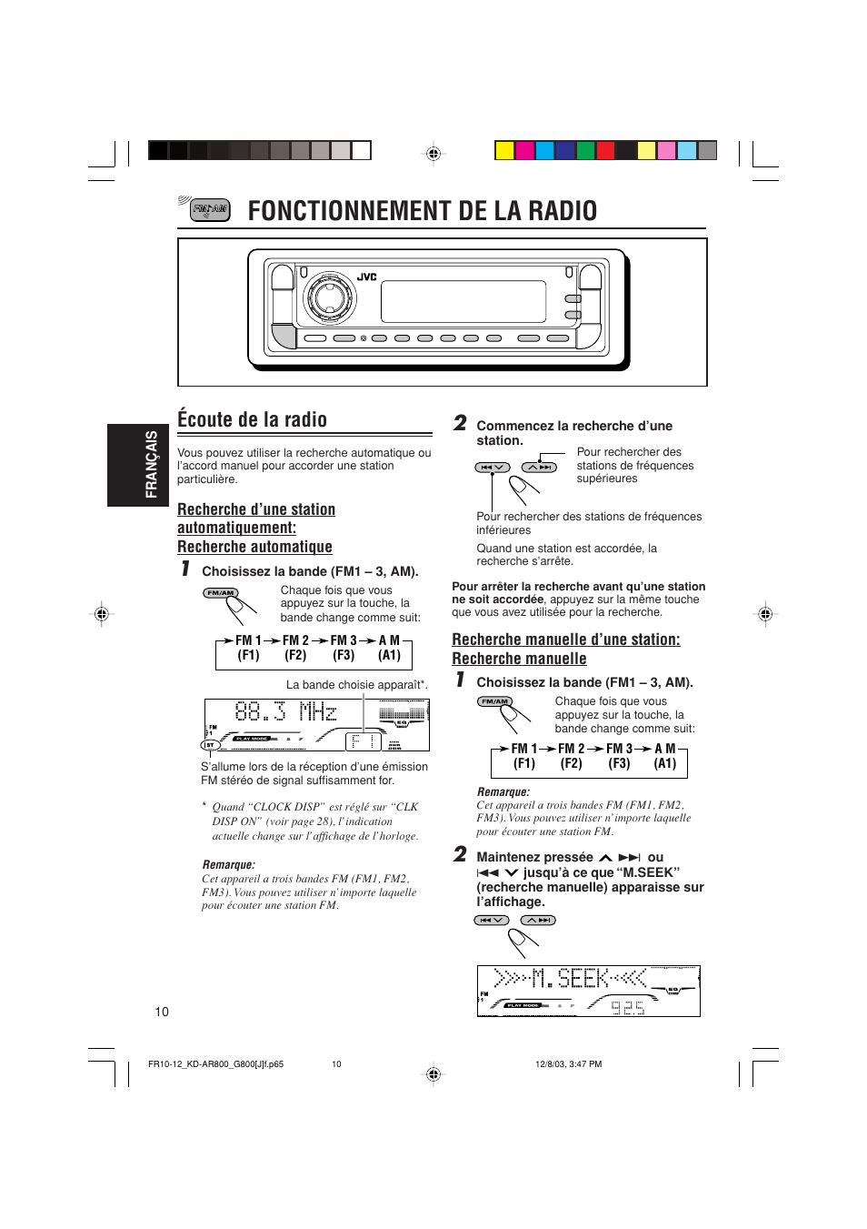 Fonctionnement de la radio, Écoute de la radio | JVC KD-AR800J User Manual | Page 98 / 135