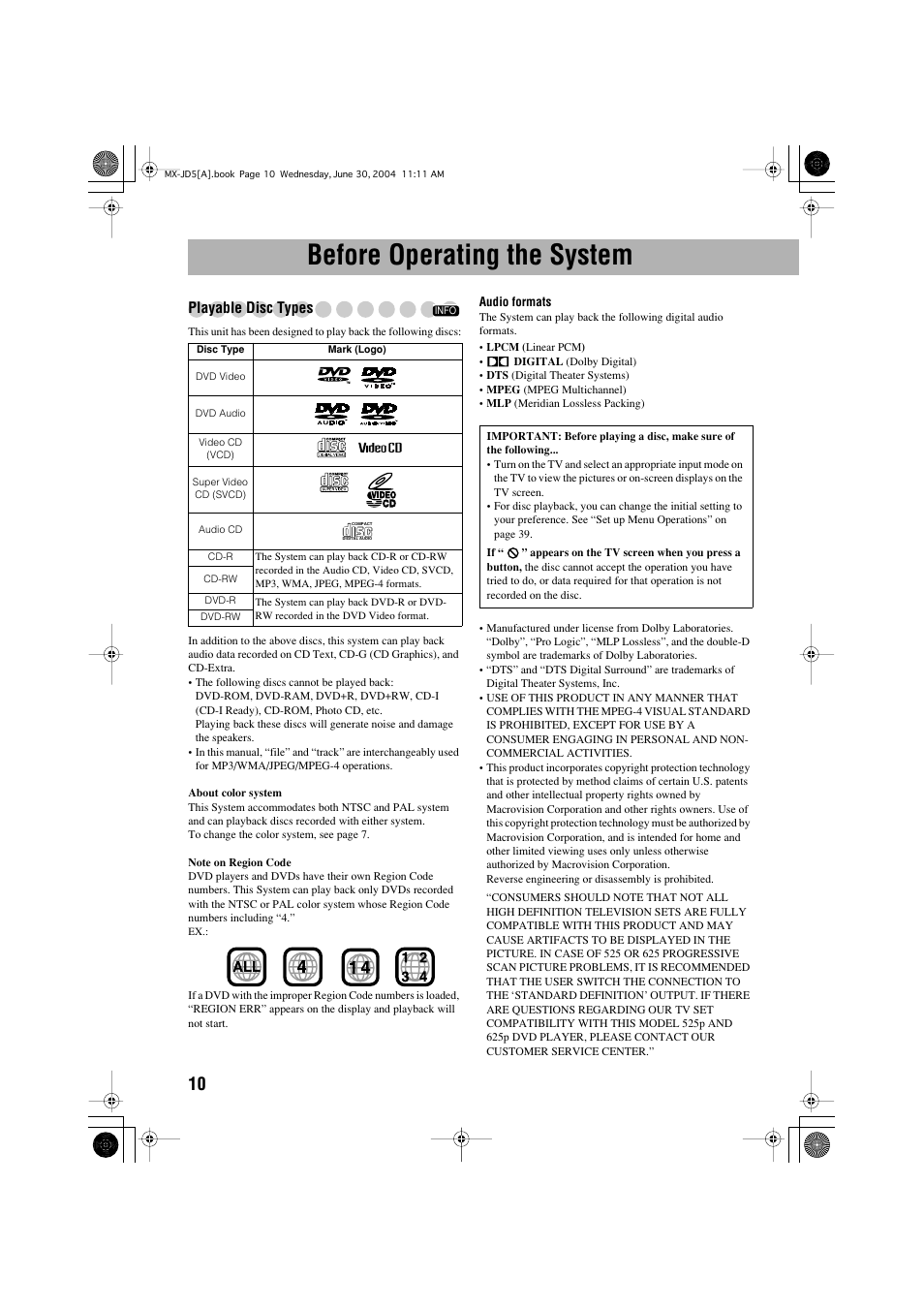 Before operating the system, Playable disc types | JVC CA-MXJD5 User Manual | Page 14 / 59