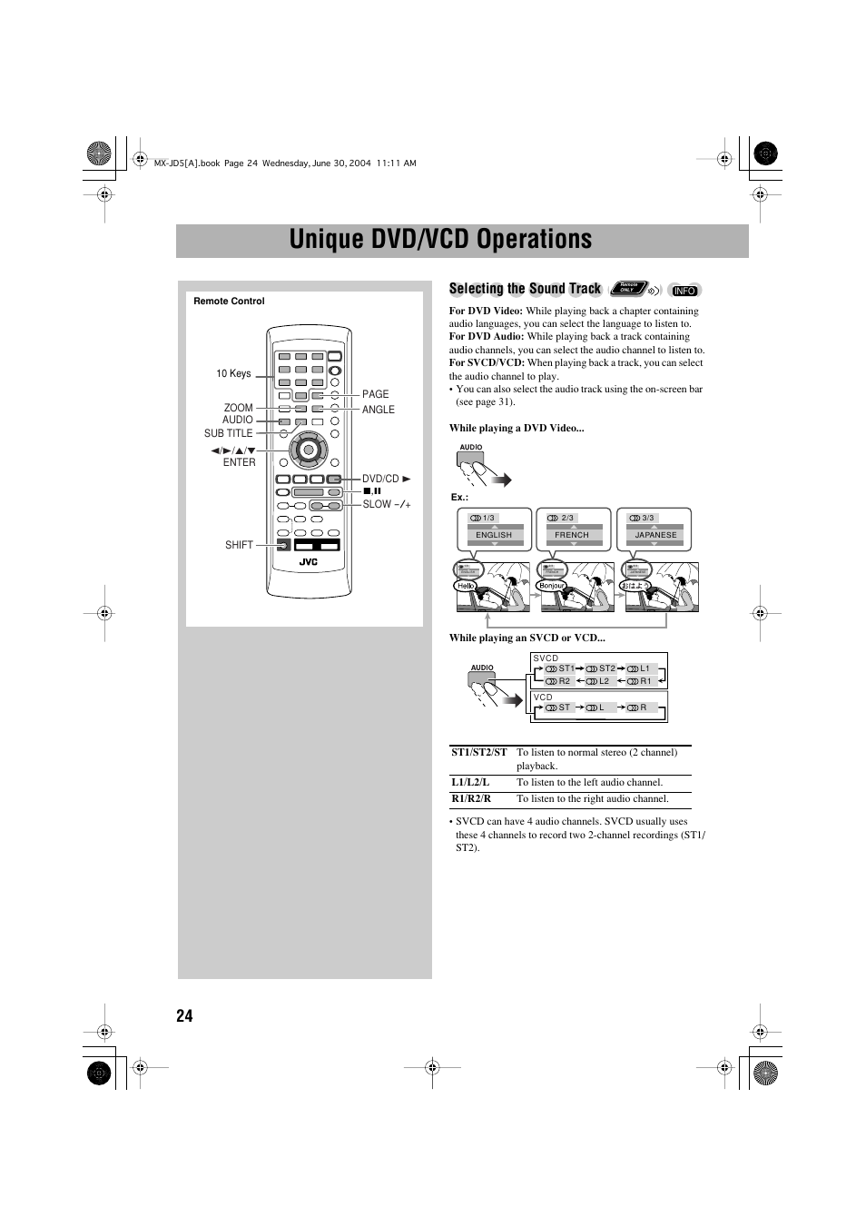 Unique dvd/vcd operations, Selecting the sound track | JVC CA-MXJD5 User Manual | Page 28 / 59