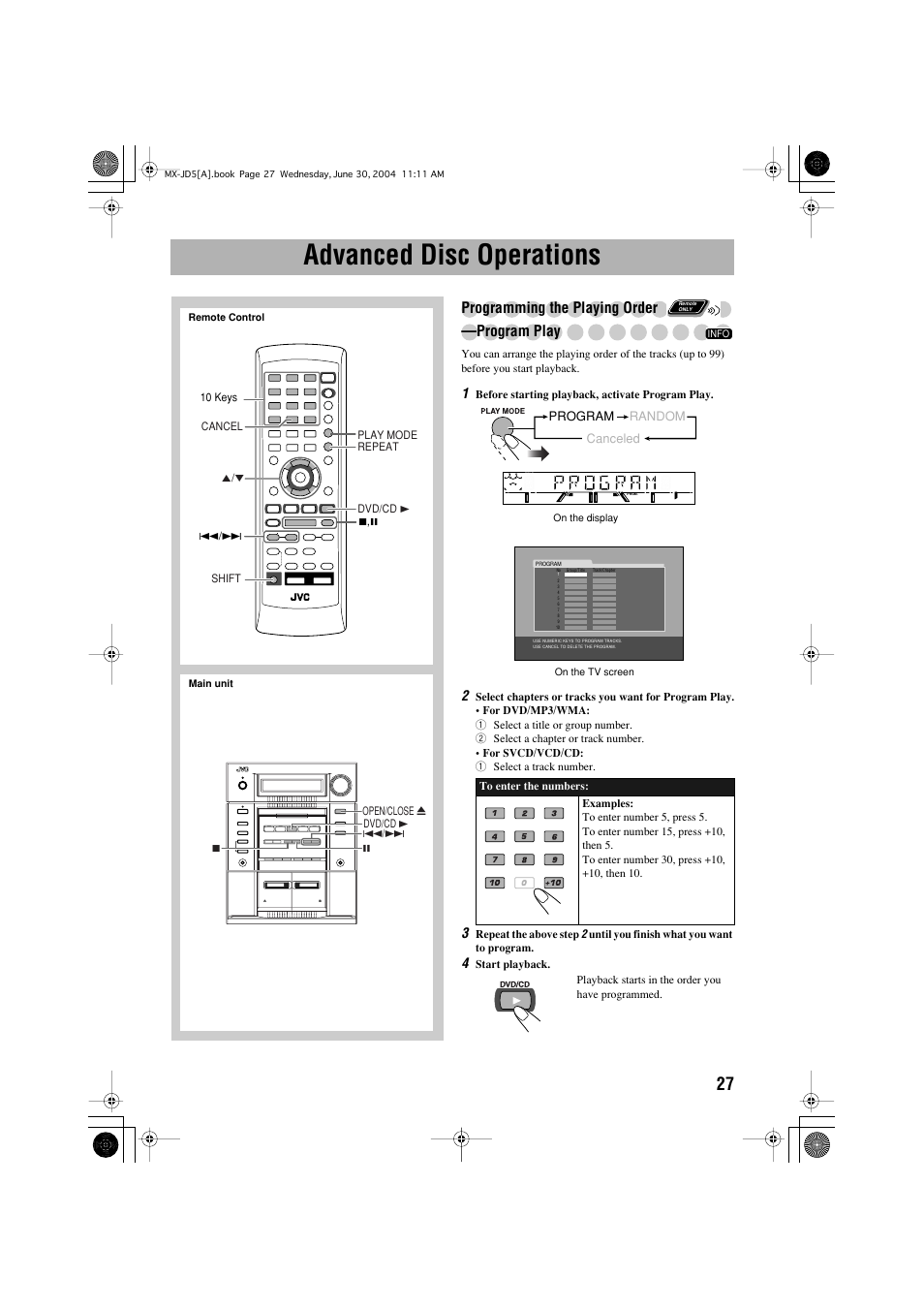 Advanced disc operations, Programming the playing order —program play | JVC CA-MXJD5 User Manual | Page 31 / 59