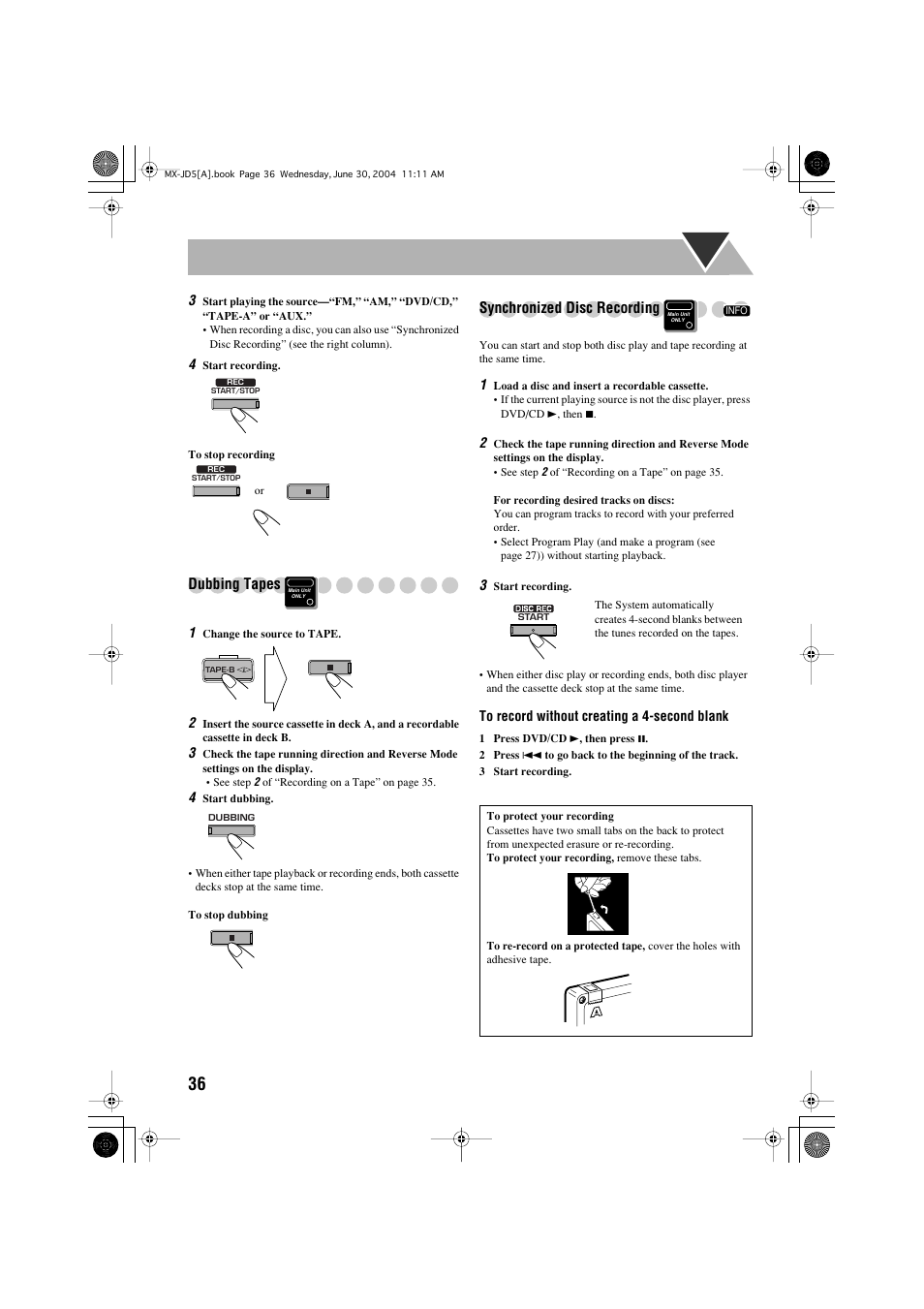 Dubbing tapes, Synchronized disc recording | JVC CA-MXJD5 User Manual | Page 40 / 59