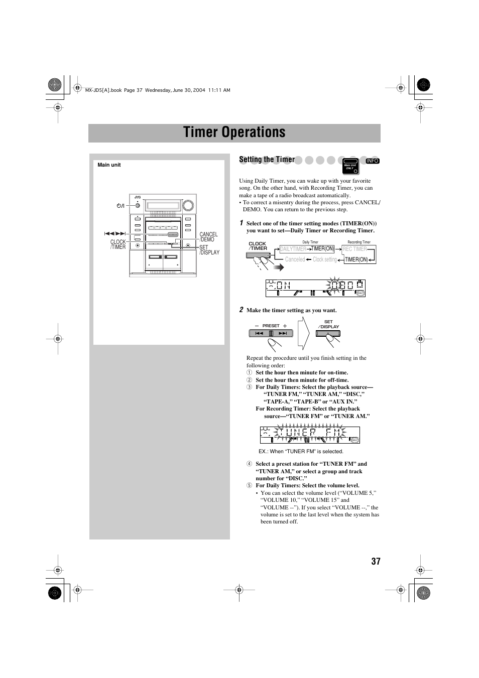 Timer operations, Setting the timer | JVC CA-MXJD5 User Manual | Page 41 / 59