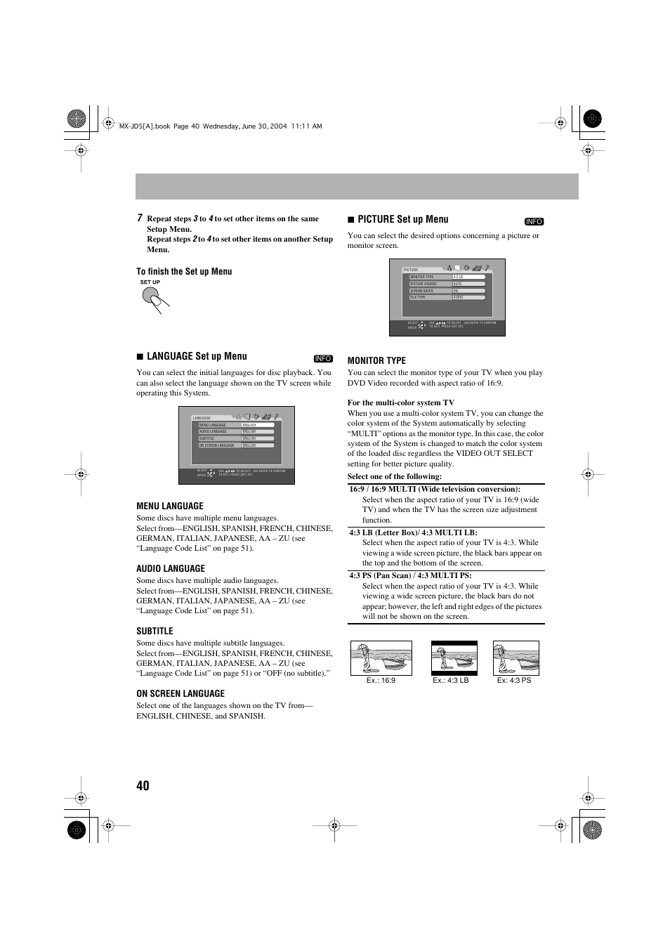 7language set up menu, 7picture set up menu | JVC CA-MXJD5 User Manual | Page 44 / 59