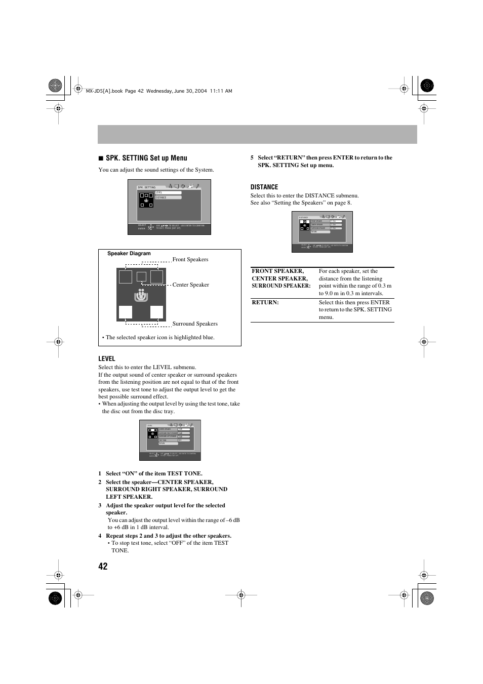 7spk. setting set up menu, Level, Distance | JVC CA-MXJD5 User Manual | Page 46 / 59