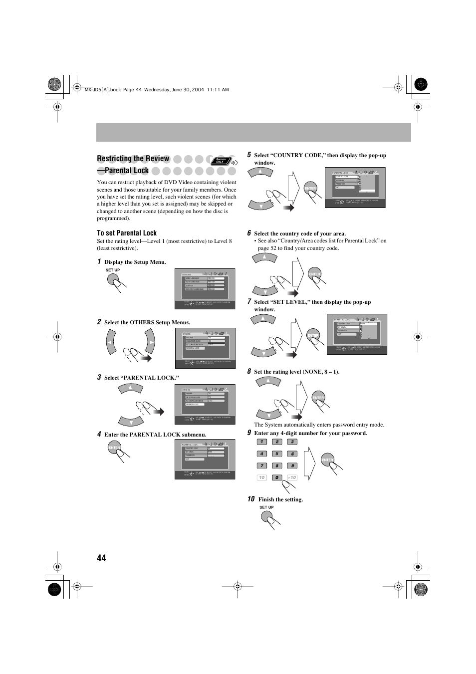 Restricting the review —parental lock, Display the setup menu, Select the others setup menus | Select “parental lock, Enter the parental lock submenu, Select “set level,” then display the pop-up window, Enter any 4-digit number for your password, Finish the setting | JVC CA-MXJD5 User Manual | Page 48 / 59