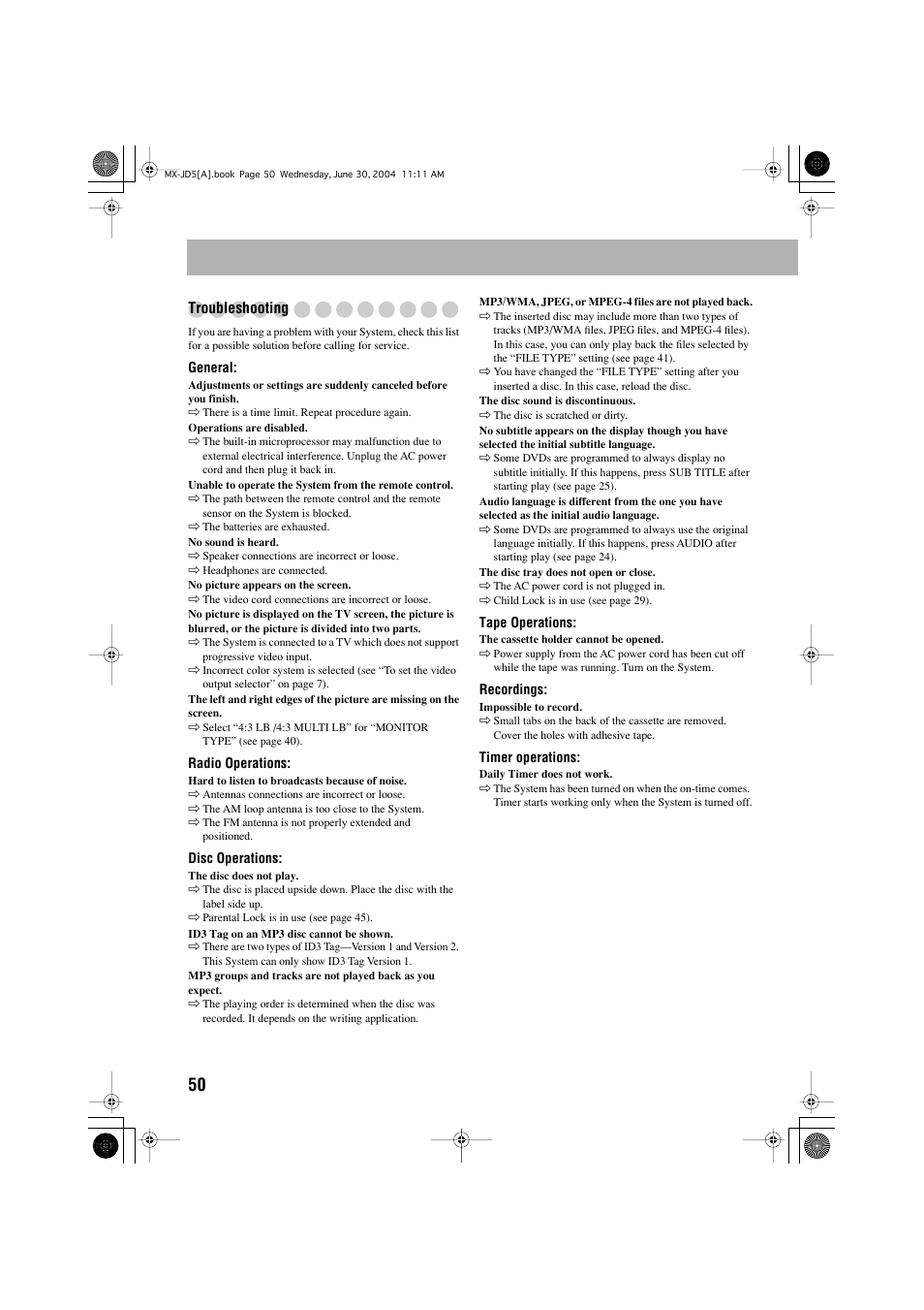 Troubleshooting | JVC CA-MXJD5 User Manual | Page 54 / 59