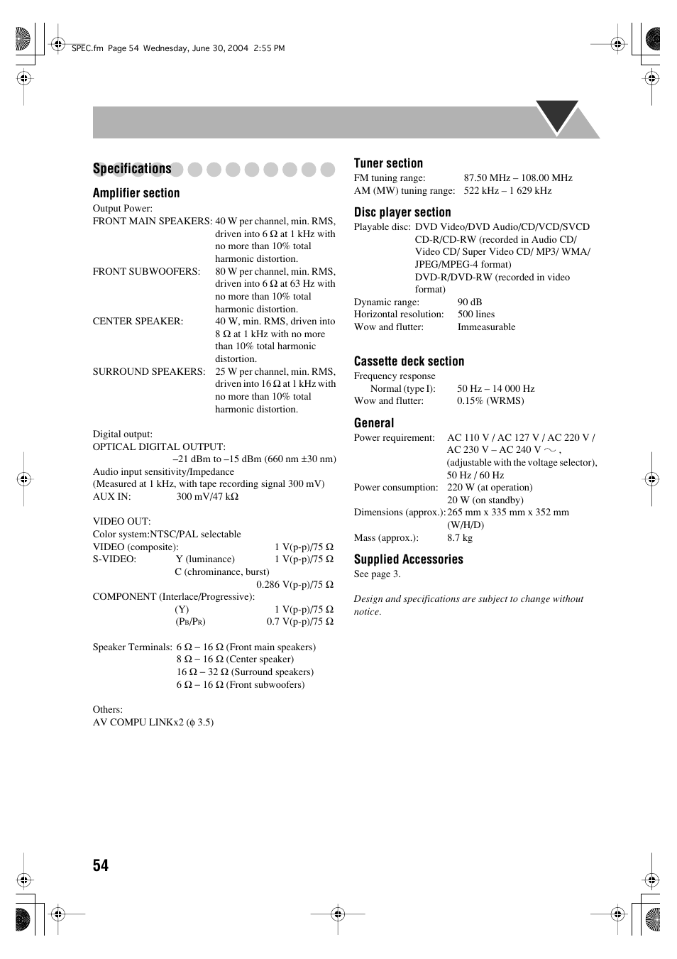 Specifications | JVC CA-MXJD5 User Manual | Page 58 / 59