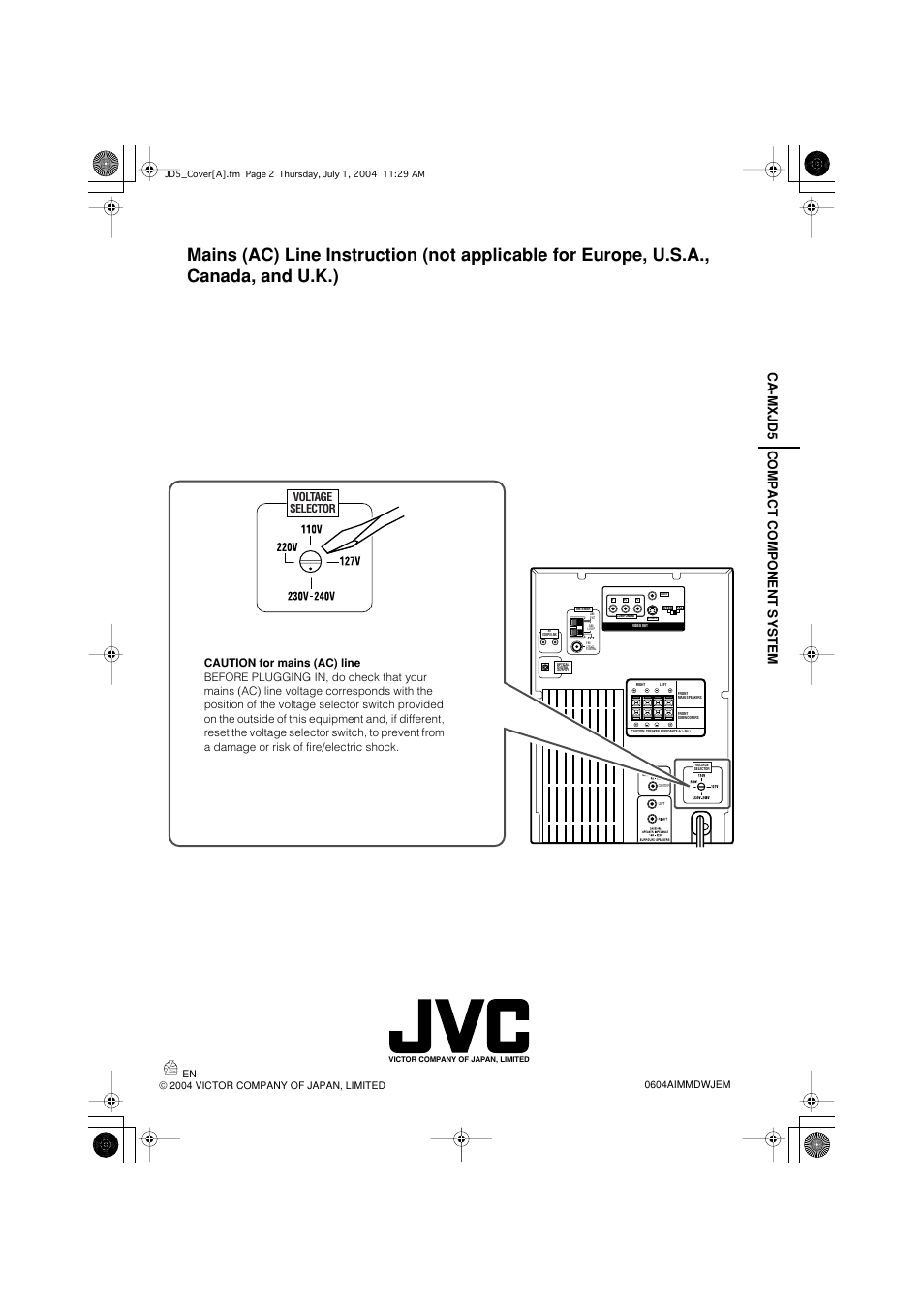 Back, Ca-mxjd5 compact component system, Voltage selector | JVC CA-MXJD5 User Manual | Page 59 / 59