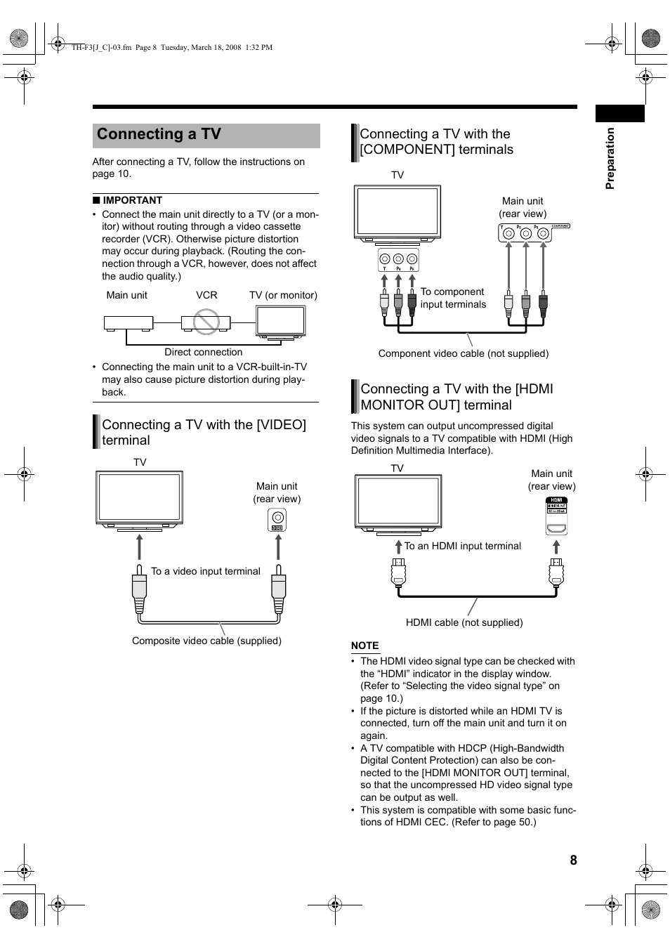 Connecting a tv, Connecting a tv with the [video] terminal, Connecting a tv with the [component] terminals | JVC TH-F3 User Manual | Page 13 / 68